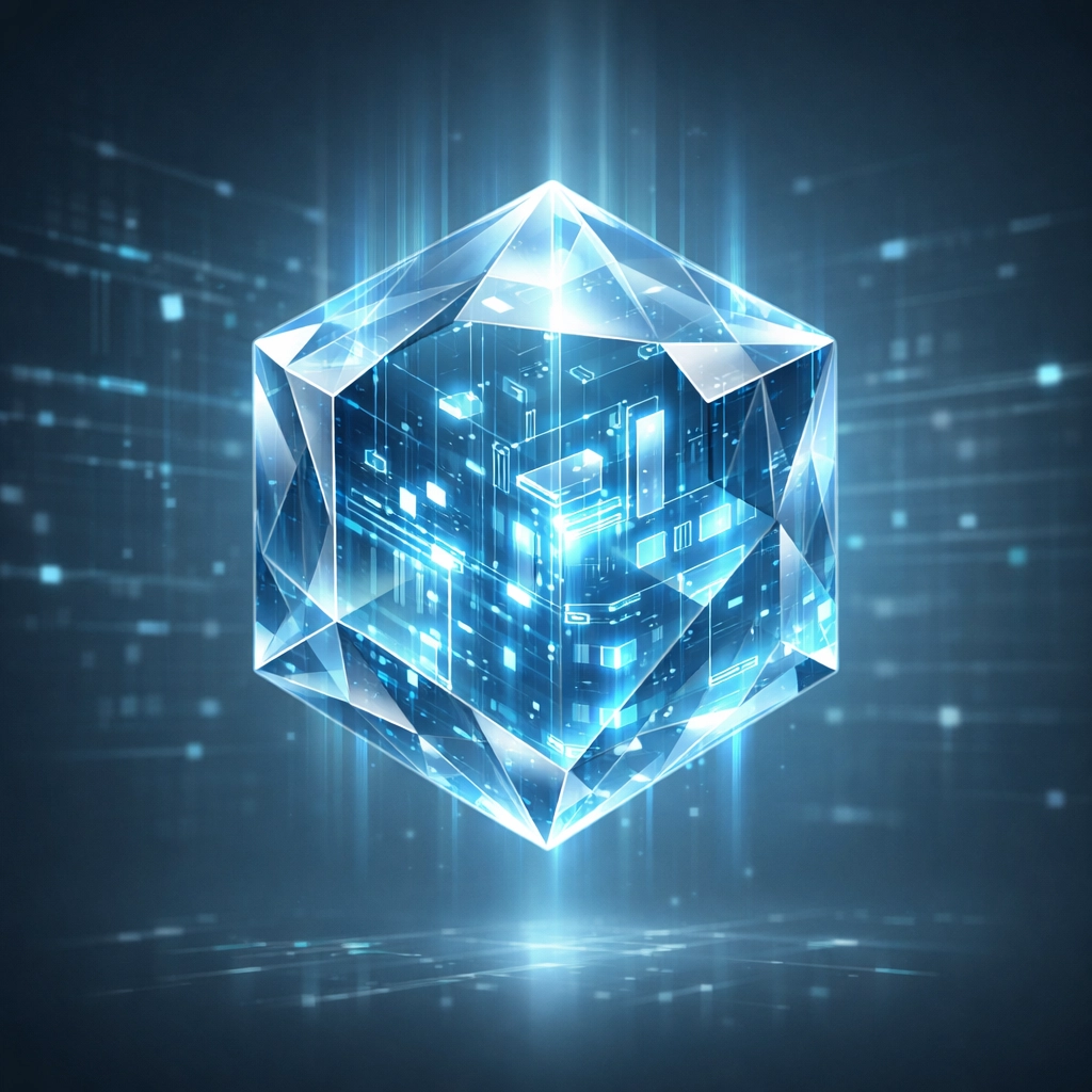 Blue crystalline data packet illustrating metadata visibility and network security monitoring.