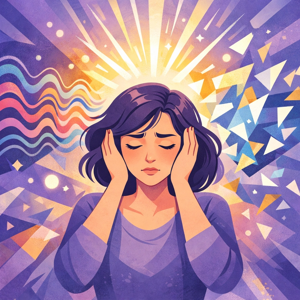 Woman with autism experiencing sensory overload covering ears