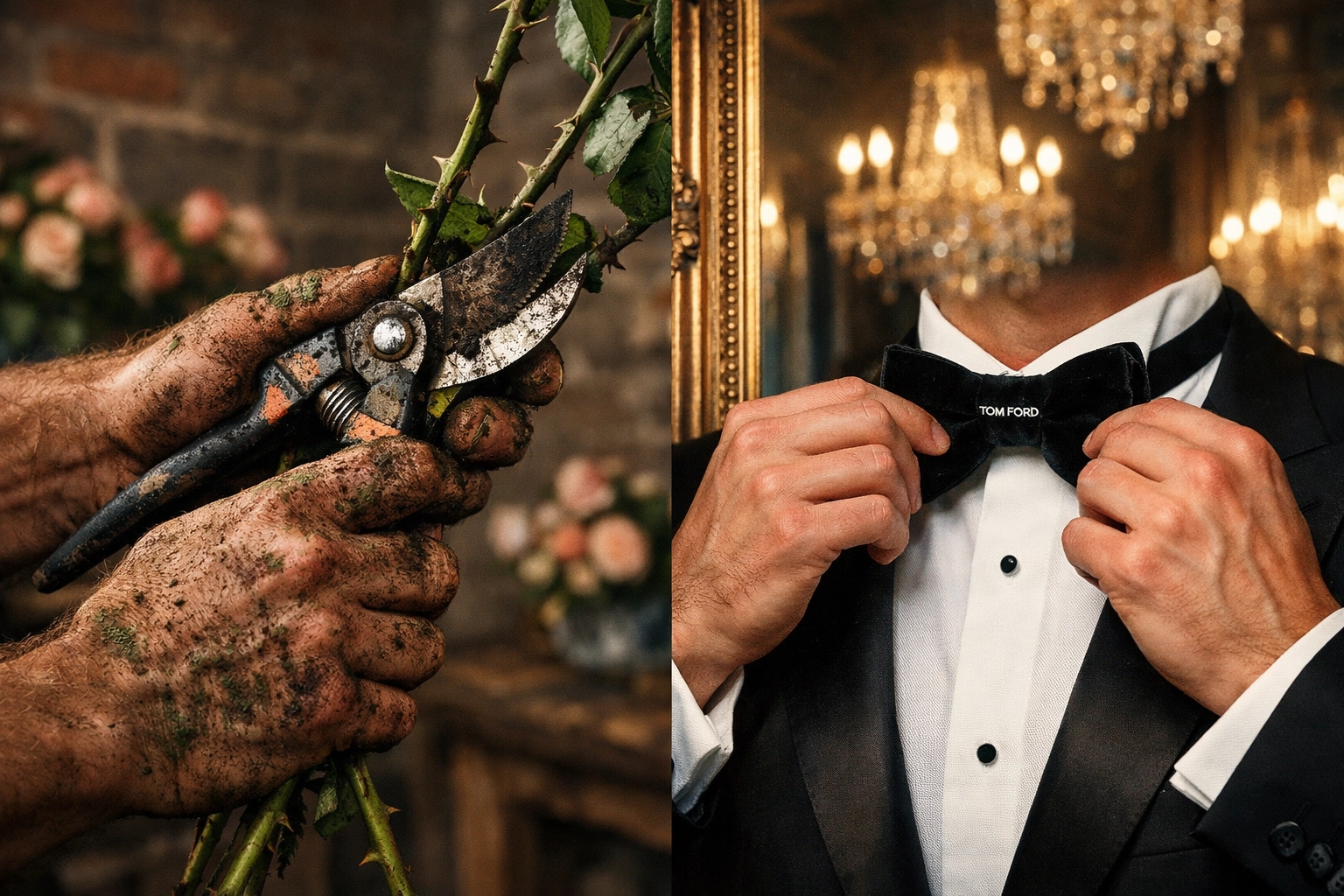 Florist's hands contrast: trimming roses in studio versus dressed for elite Fifth Avenue gala