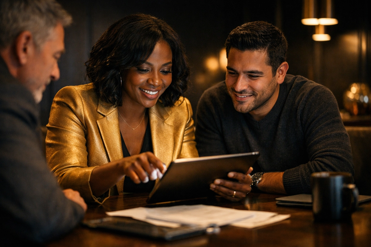 Diverse professionals in an office discussing sustainable growth and impact focused private investment strategies.