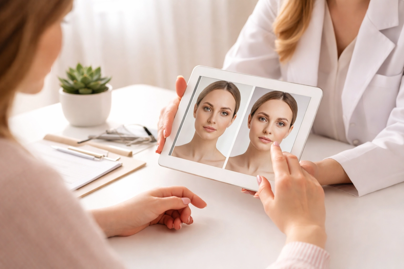 Patient reviewing before and after images during a breast augmentation consultation