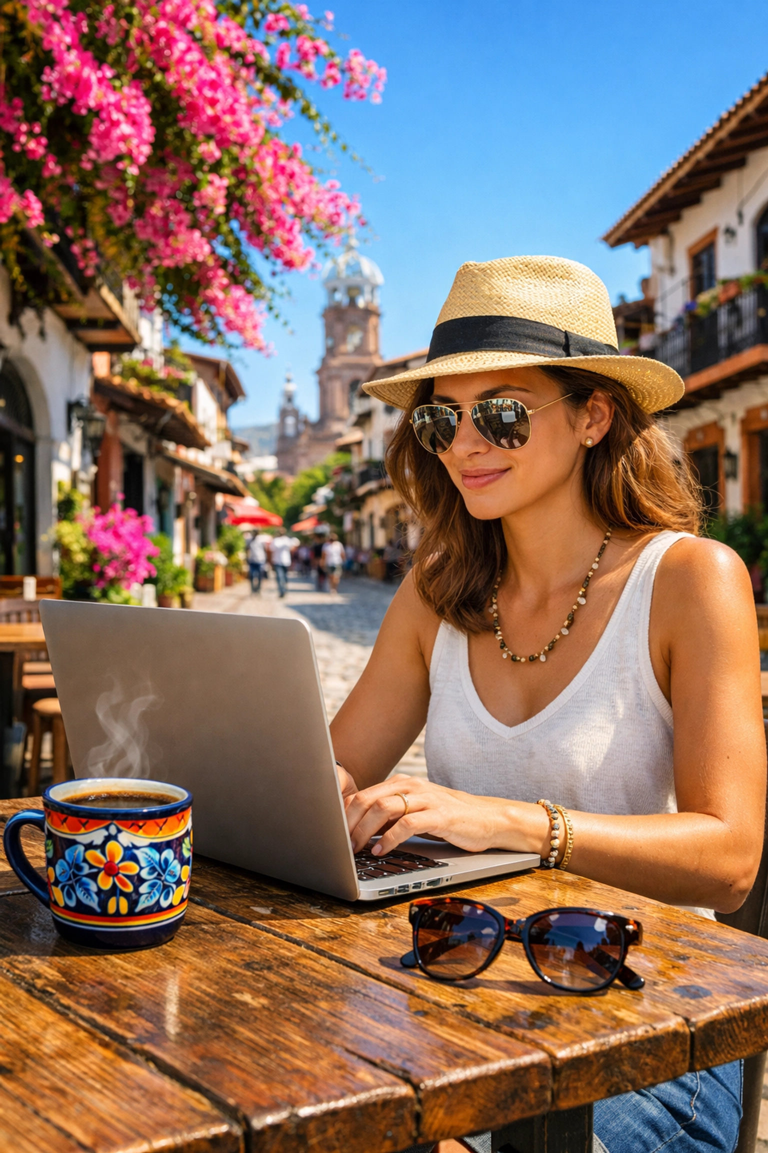 Solo traveler working at an outdoor cafe near charming Romantic Zone accommodations in Old Town.