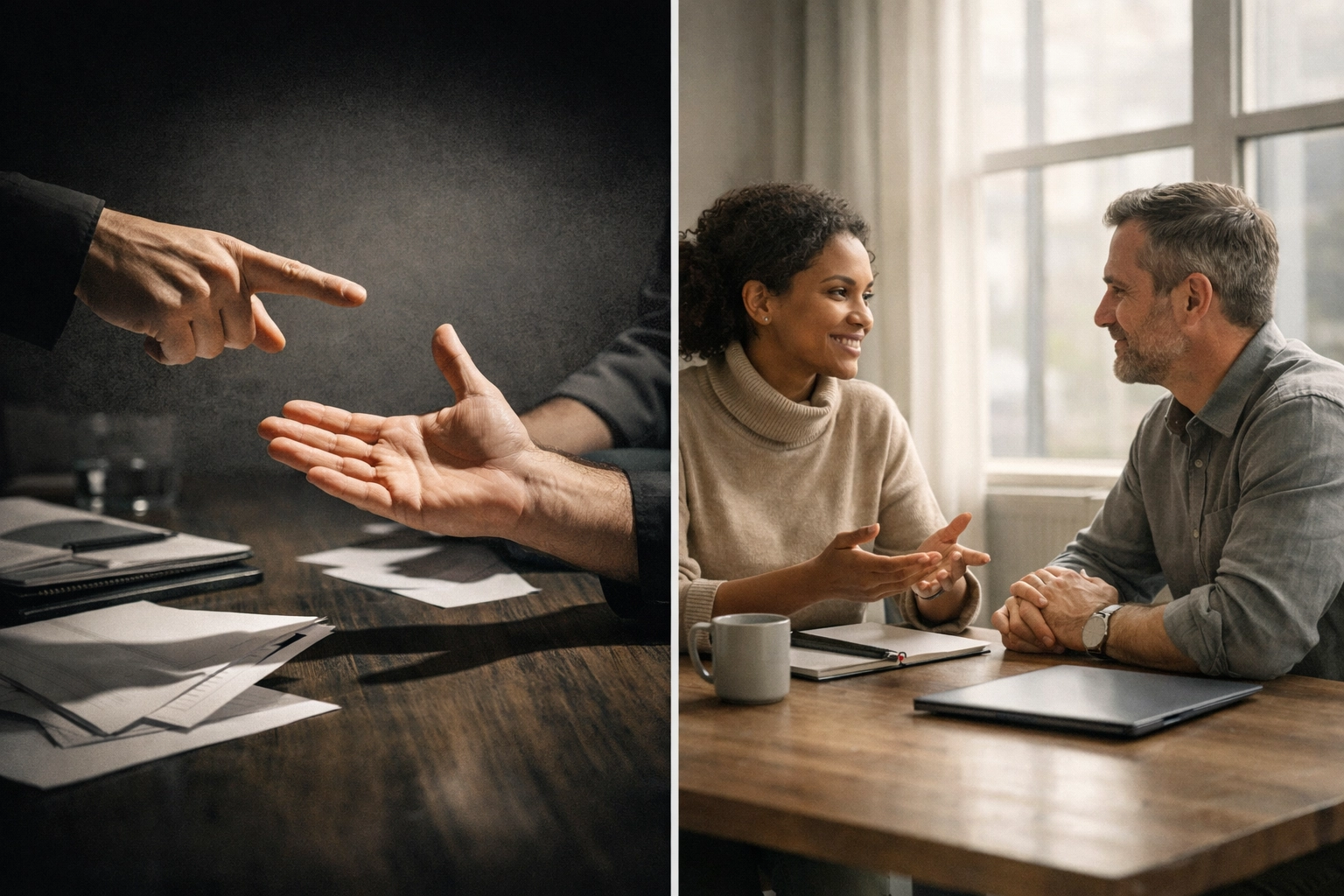 Workplace bullying versus healthy accountability shown through contrasting professional interactions