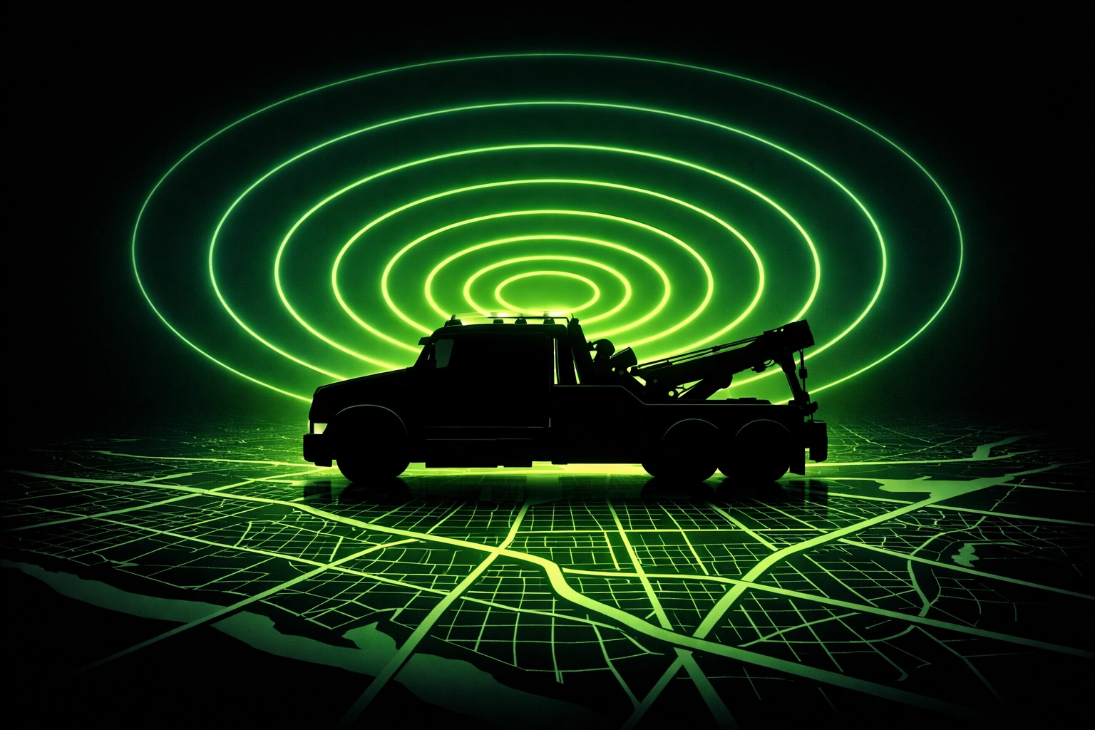 Tow truck silhouette with digital sonar waves symbolizing San Bernardino market share capture.