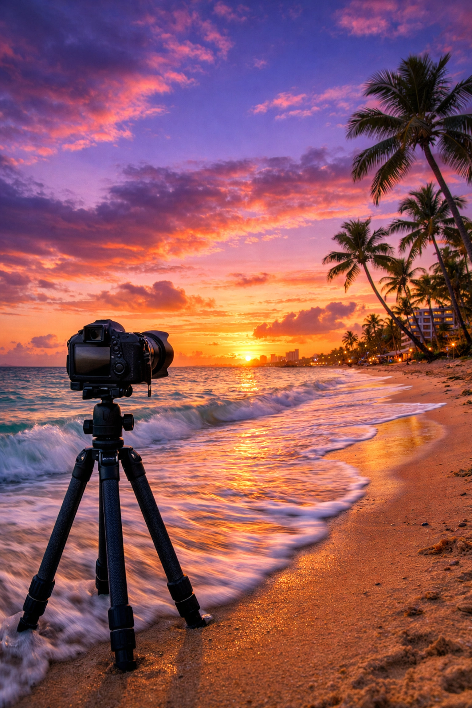 A professional camera on a tripod at sunset, highlighting the best photography locations for traveling pros.