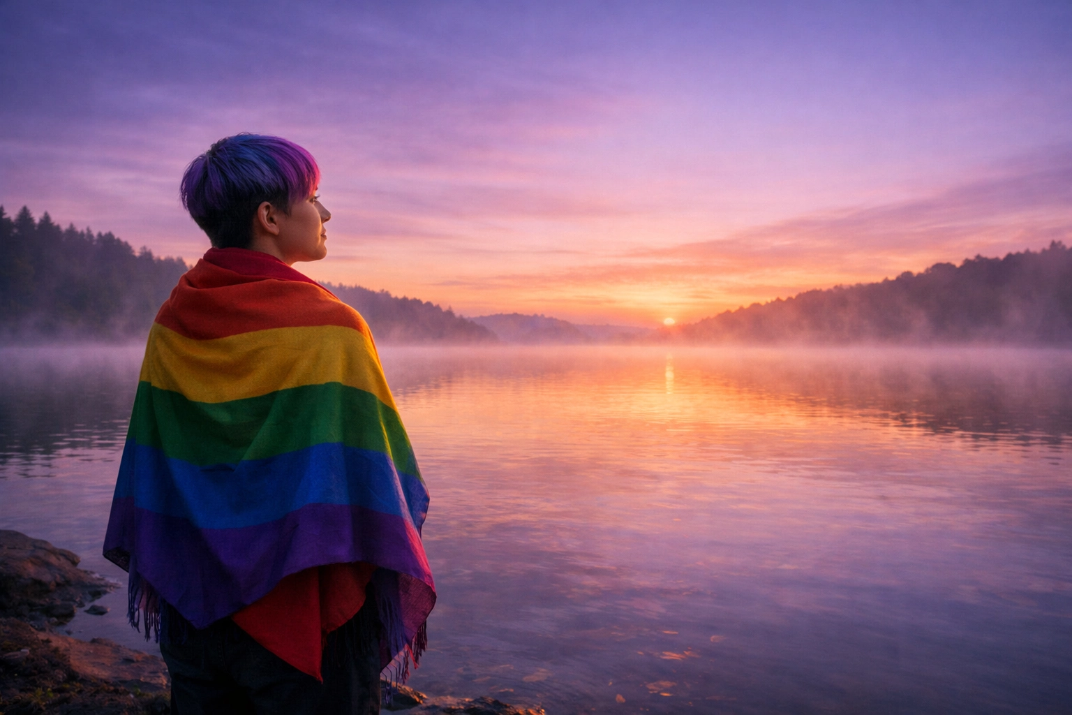 A non-binary person in a rainbow shawl at dawn, representing the peace and liberation of queer spirituality.