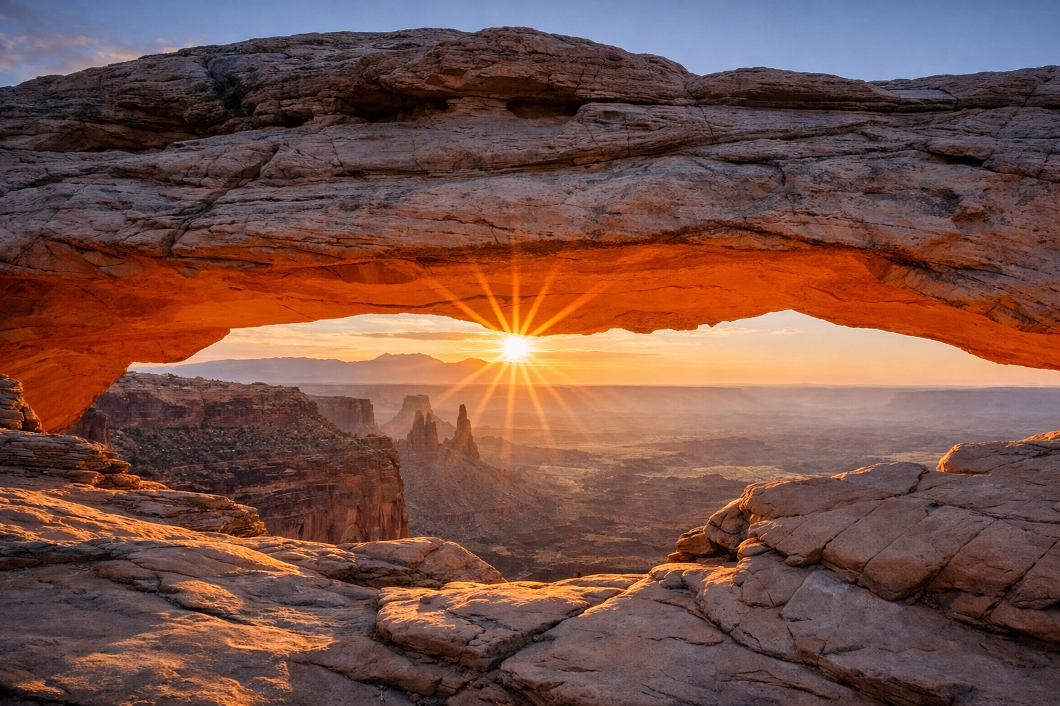 Mesa Arch at sunrise in Canyonlands National Park, one of the best sunrise spots for landscape photography.