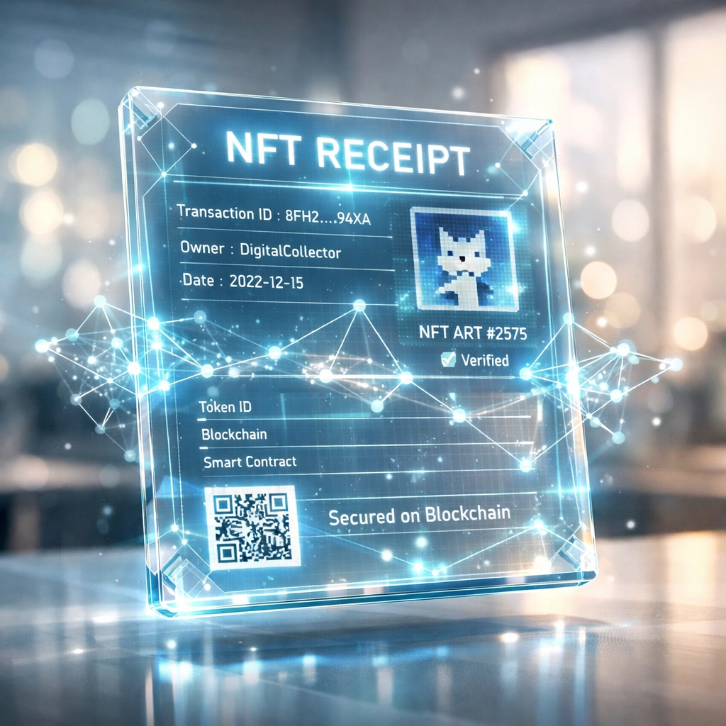 Holographic NFT receipts for accounting on a digital tablet showing secure blockchain-verified business transactions.