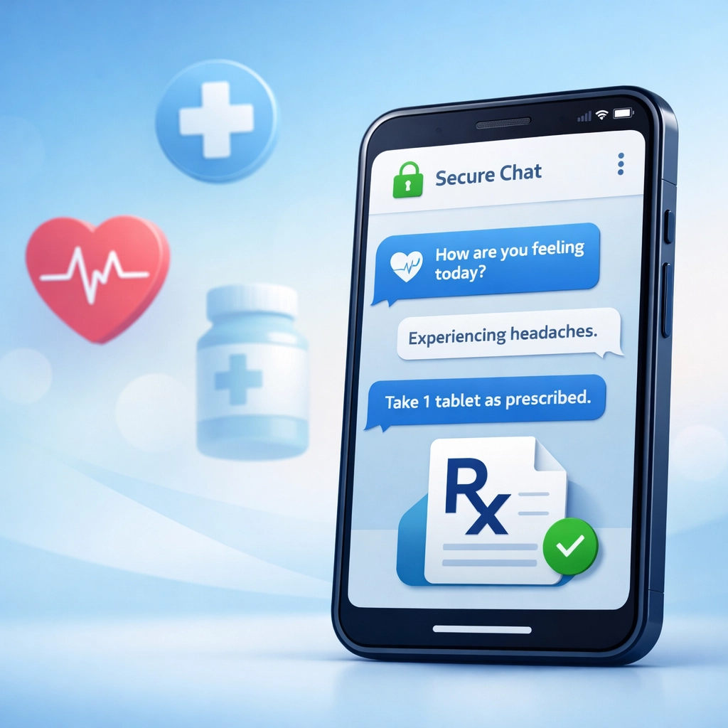 Smartphone displaying secure medical chat interface for online sexual health treatment