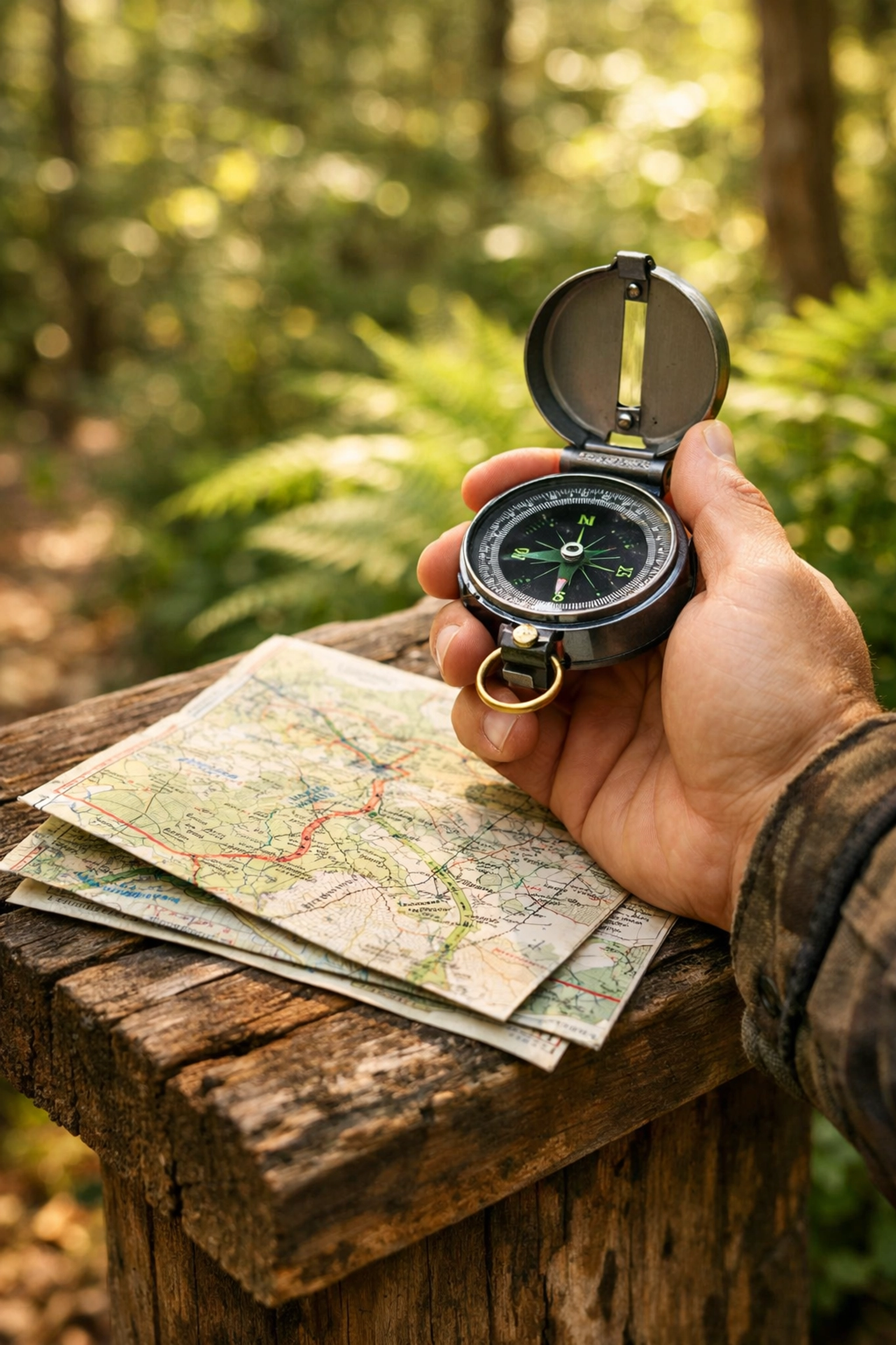 A hiker using a compass and map on a trail marker to navigate a guided UK walking tour.