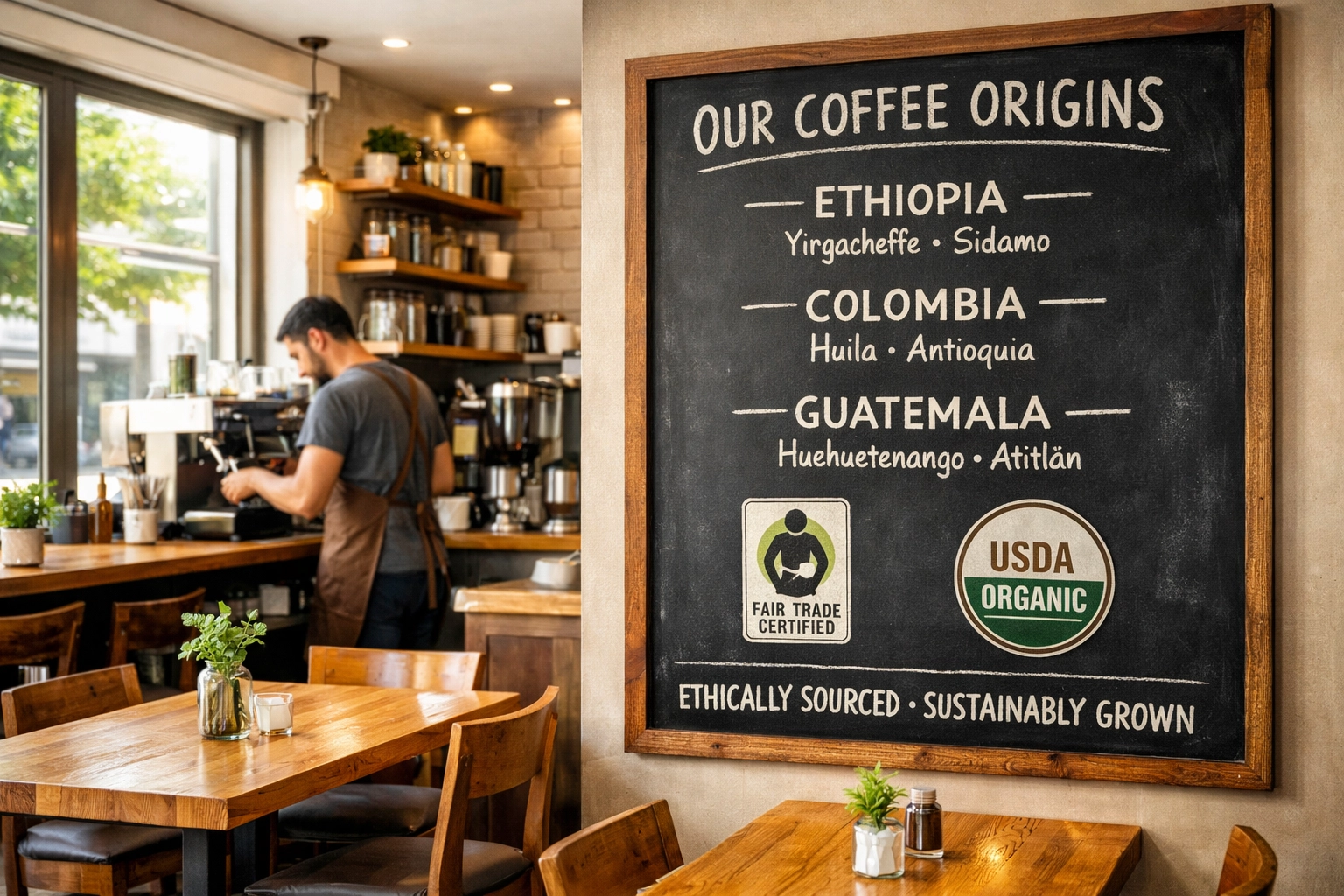 Independent café displaying sustainable coffee origin information and certifications