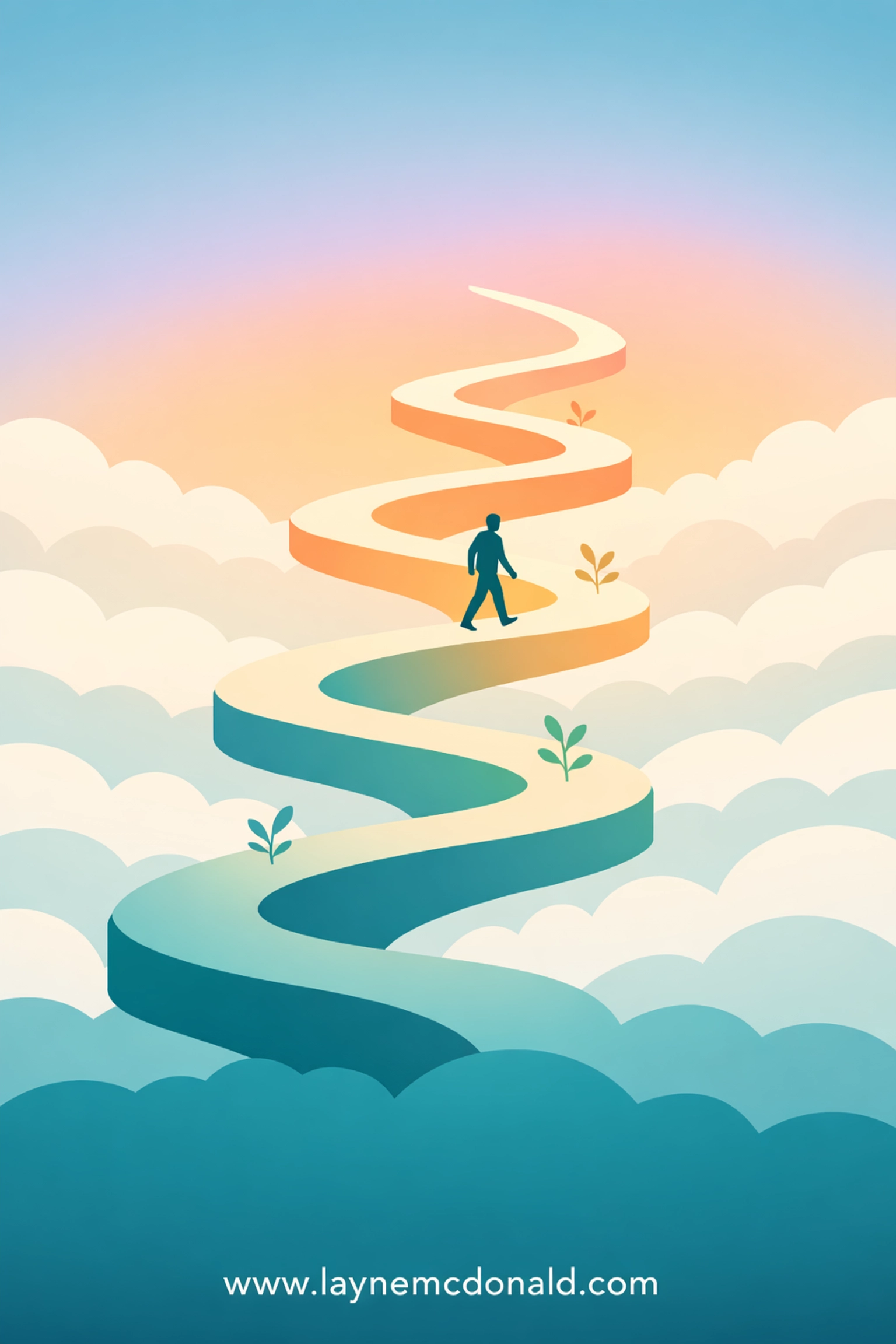 Person walking upward path through clouds representing spiritual growth and healing journey
