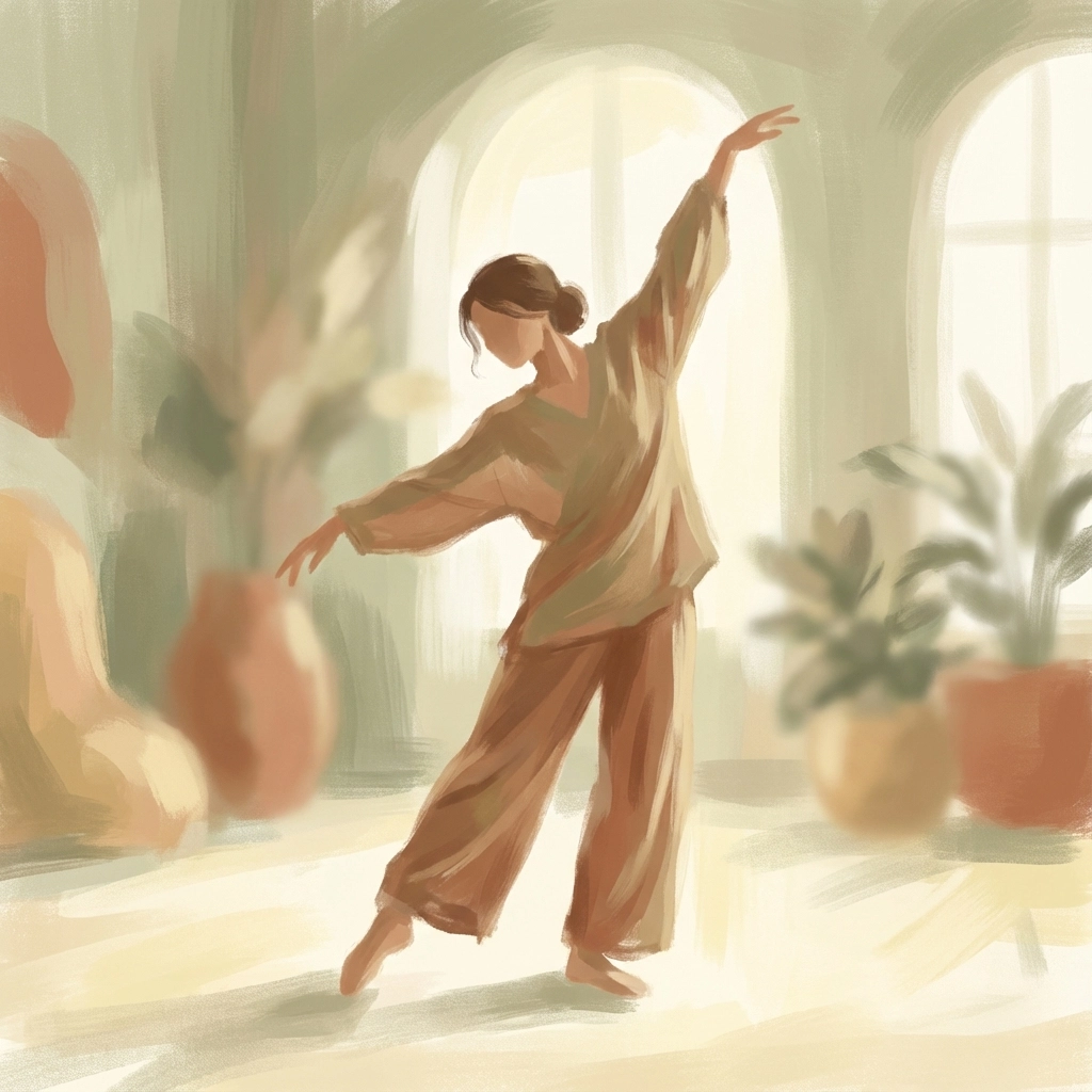 Woman in loose clothing gracefully dances in a sunlit room with large windows and plants. Soft, earthy tones create a serene atmosphere.