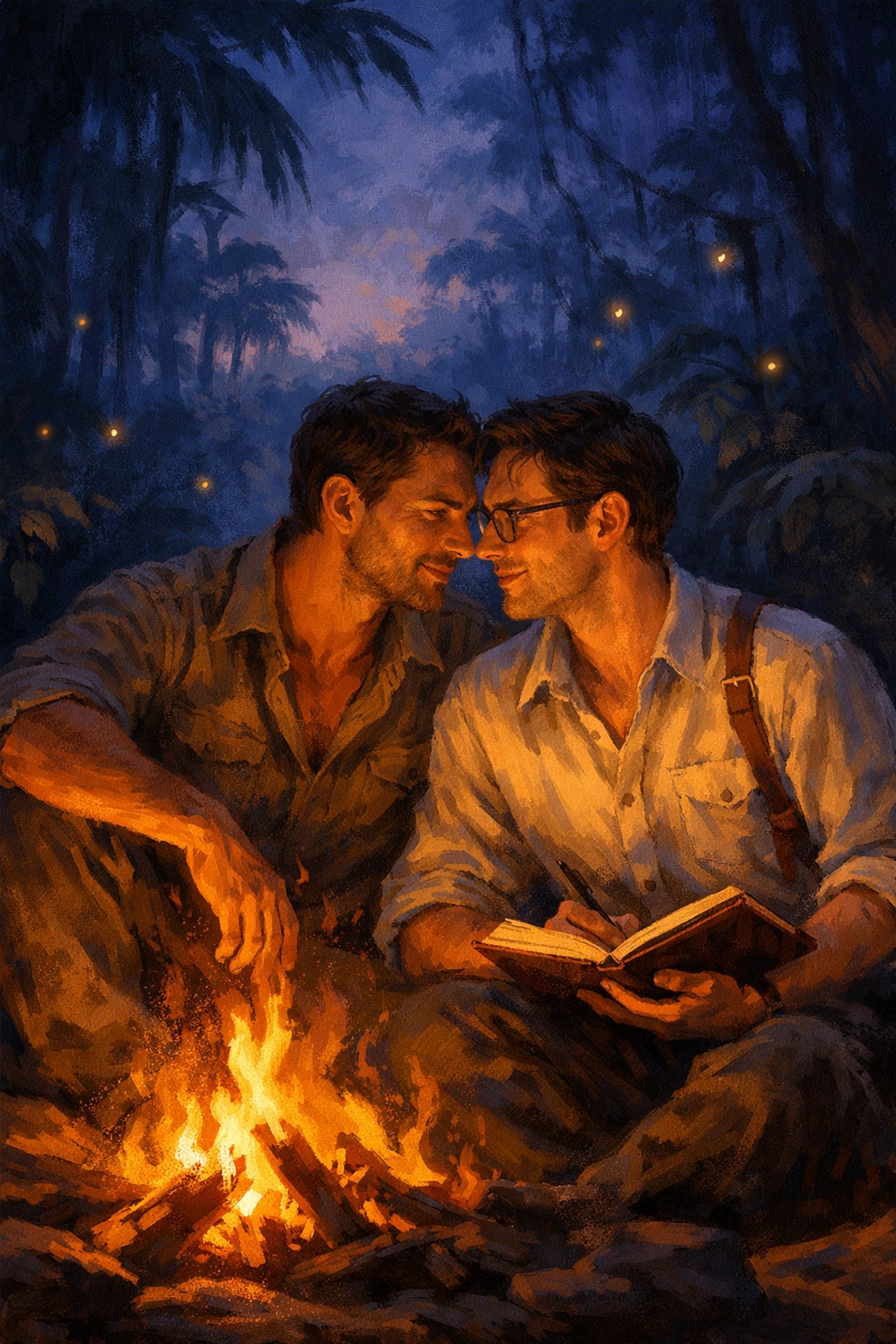 Gay romance by jungle campfire - two men connecting in Amazon wilderness at dusk