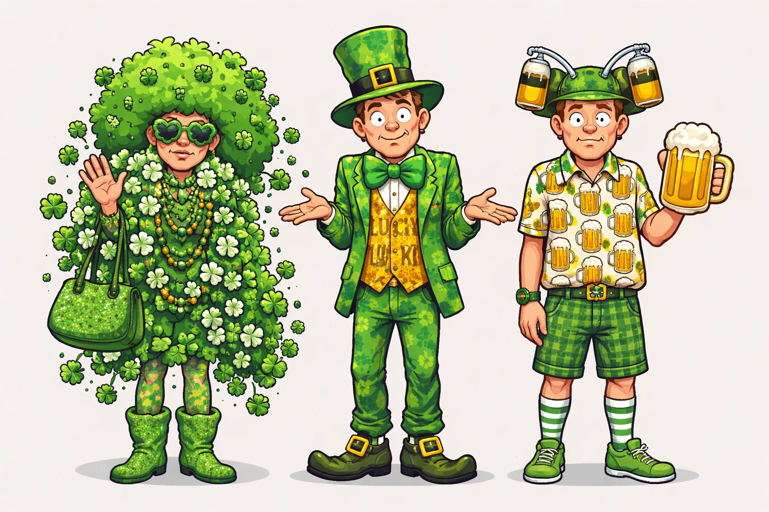 Lineup of St. Patrick's Day fashion disasters featuring wild shamrock accessories, tacky costumes, and beer-themed shirts.