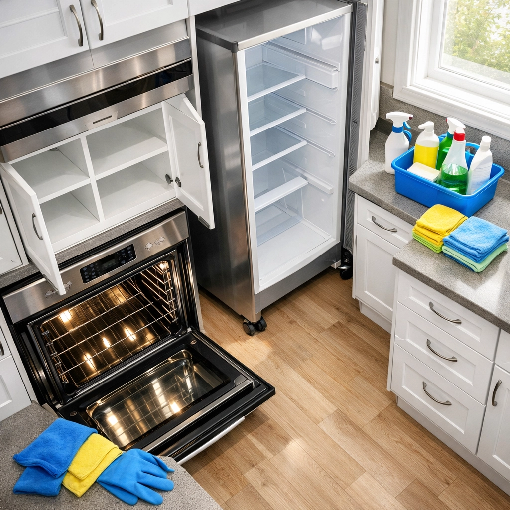 Professional kitchen deep cleaning for move-out with open appliances and sparkling cabinets