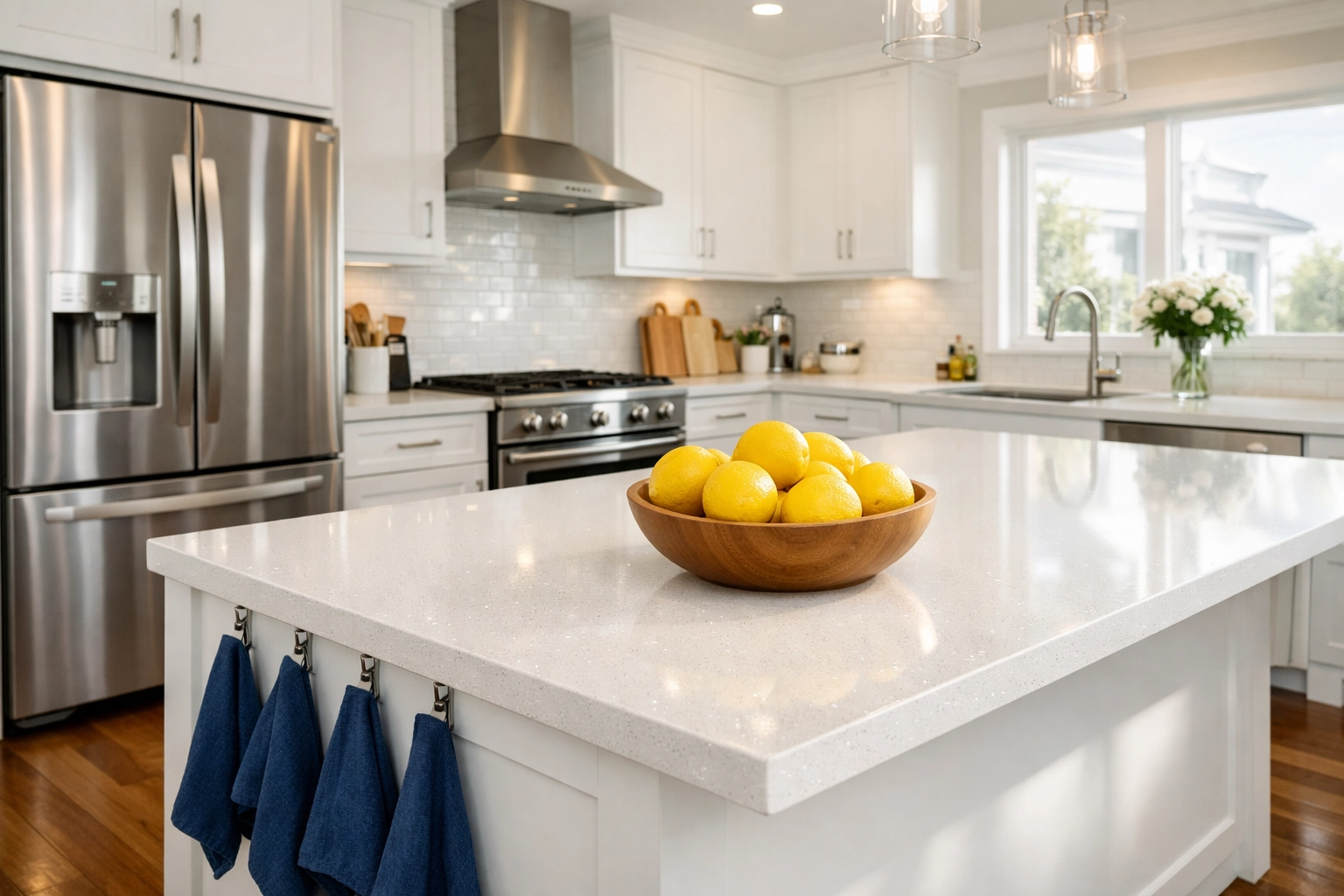 A sparkling modern kitchen in Westford after a professional house cleaning session featuring quartz countertops.
