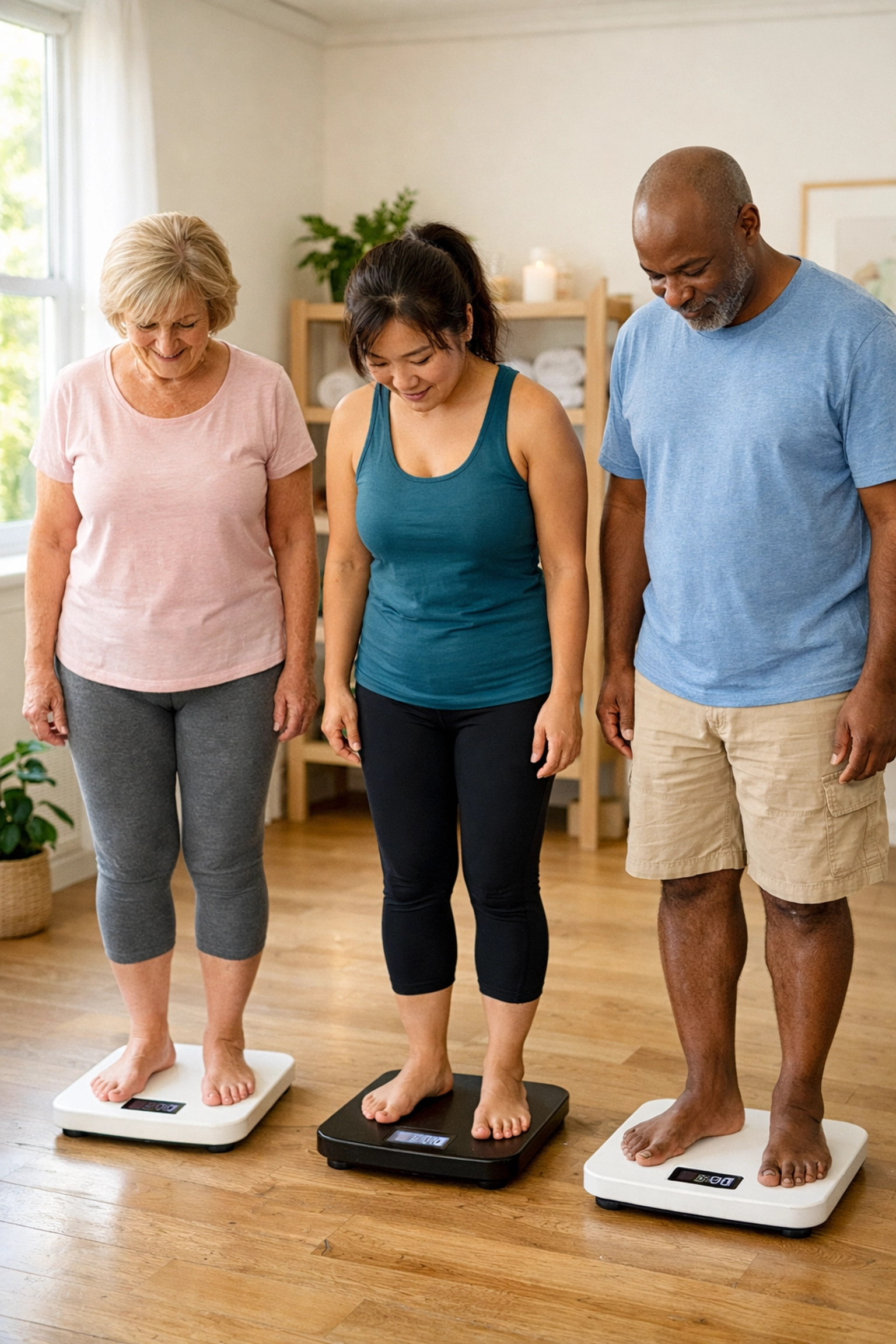 Patients tracking weight loss progress on scales during medical weight loss program