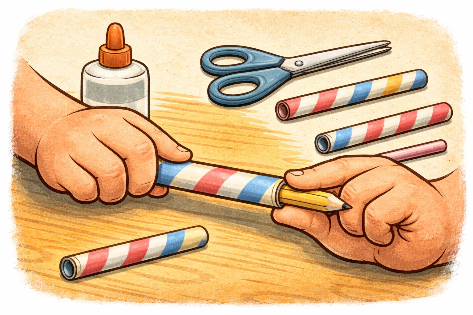Hands rolling colorful paper around a pencil to build the body of a homemade straw rocket