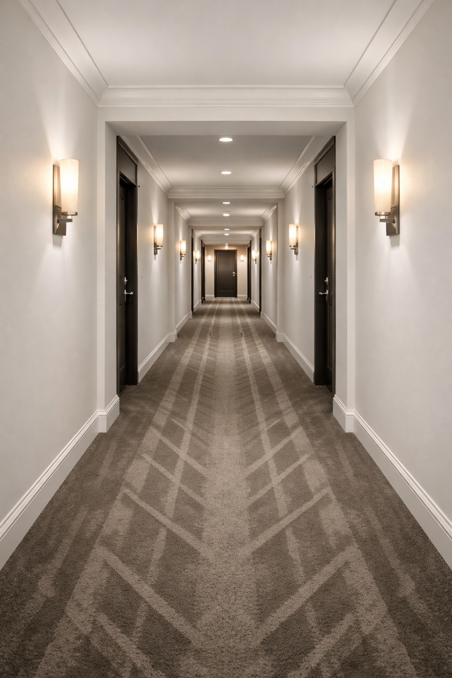 Clean multifamily high-rise corridor with vacuumed carpets for recurring Midwest property management.
