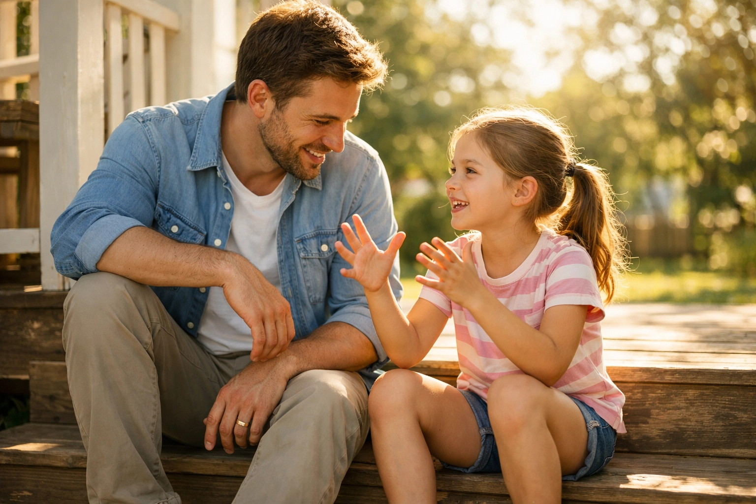 Father and daughter talking on porch steps, symbolizing prayer as a simple conversation with God.
