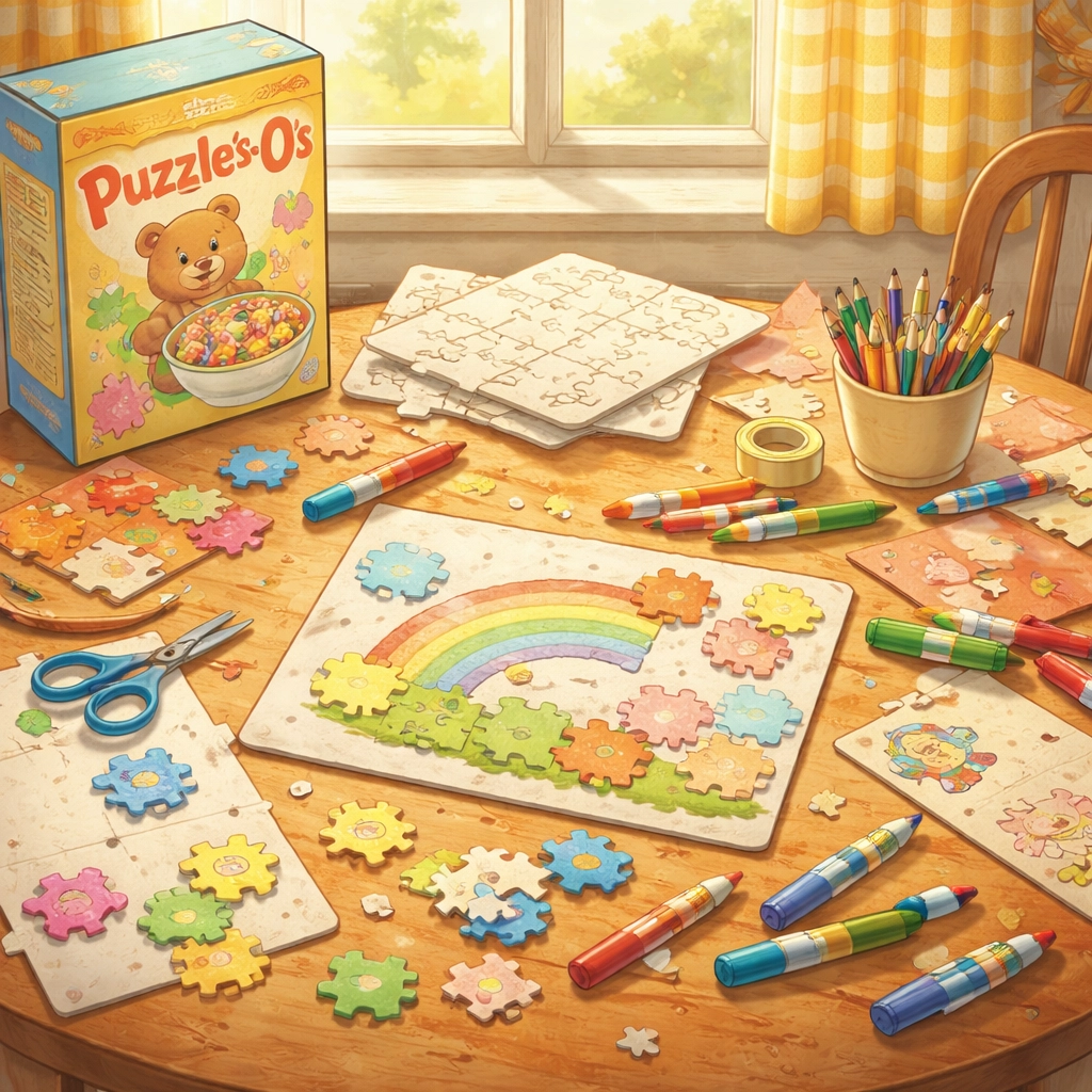 A cozy kitchen table with recycled cardboard, crayons, and scissors ready for a DIY puzzle craft project for kids.