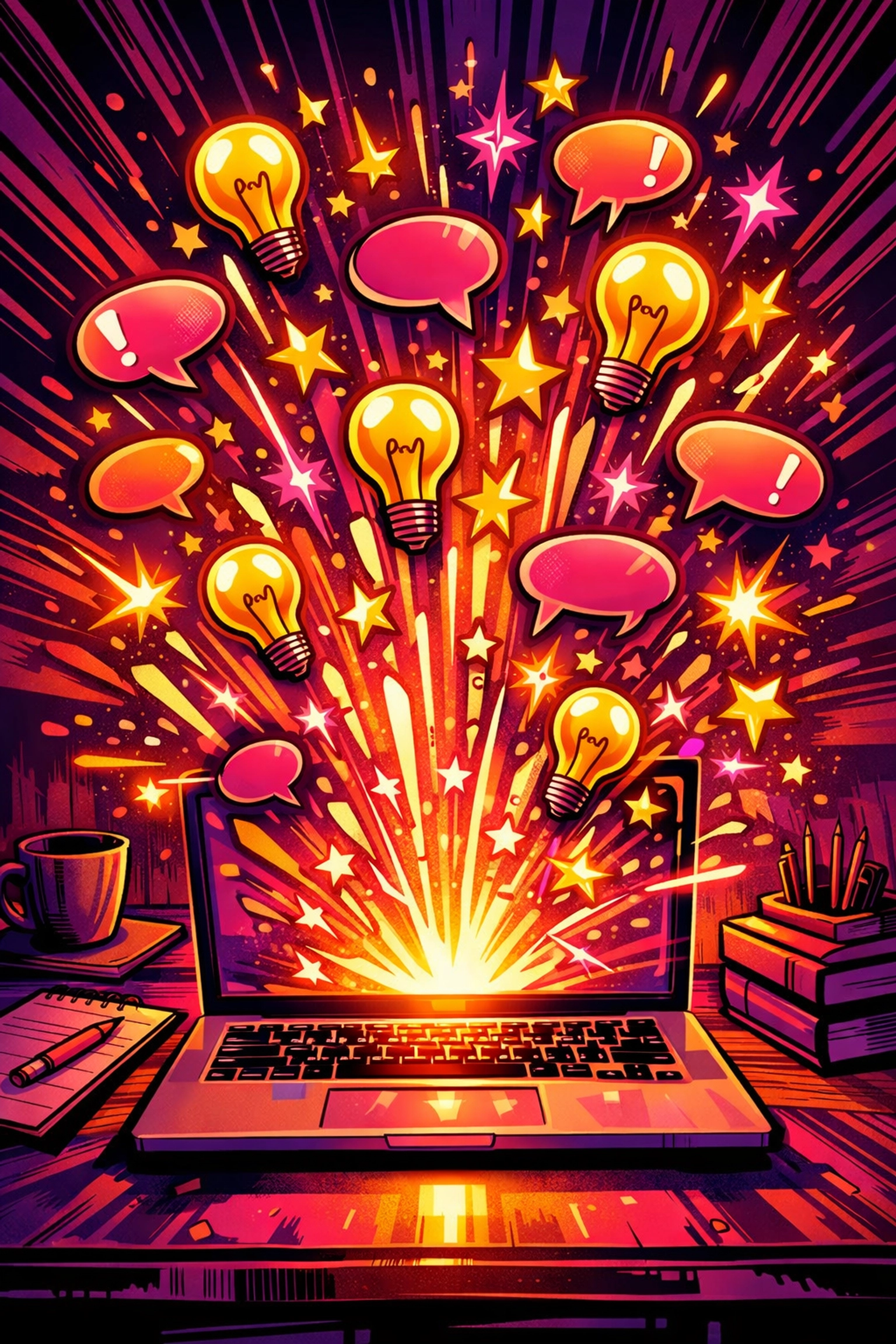 Laptop screen exploding with creative ideas from an AI content generator for small business marketing.