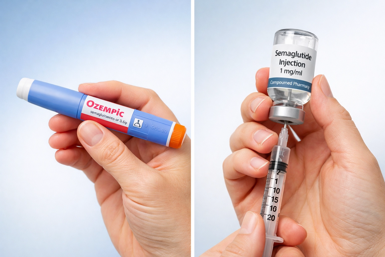 Side-by-side comparison of Wegovy pen and compounded semaglutide vial