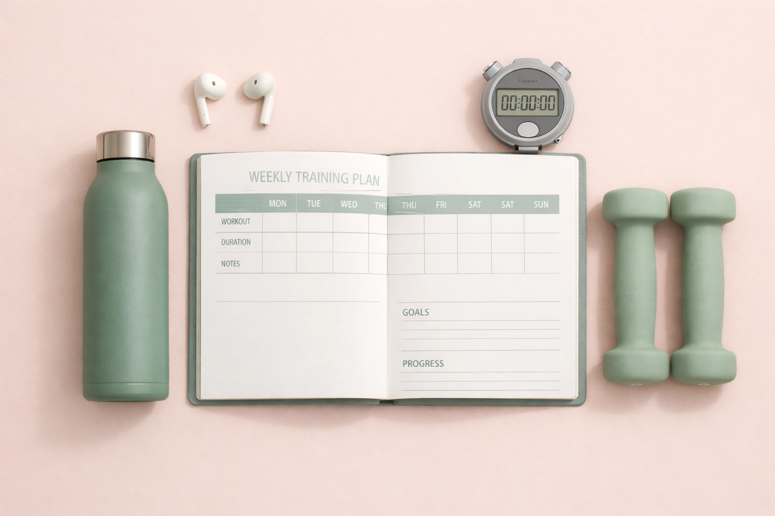 Weekly fitness training planner with dumbbells and workout essentials for fat loss goals