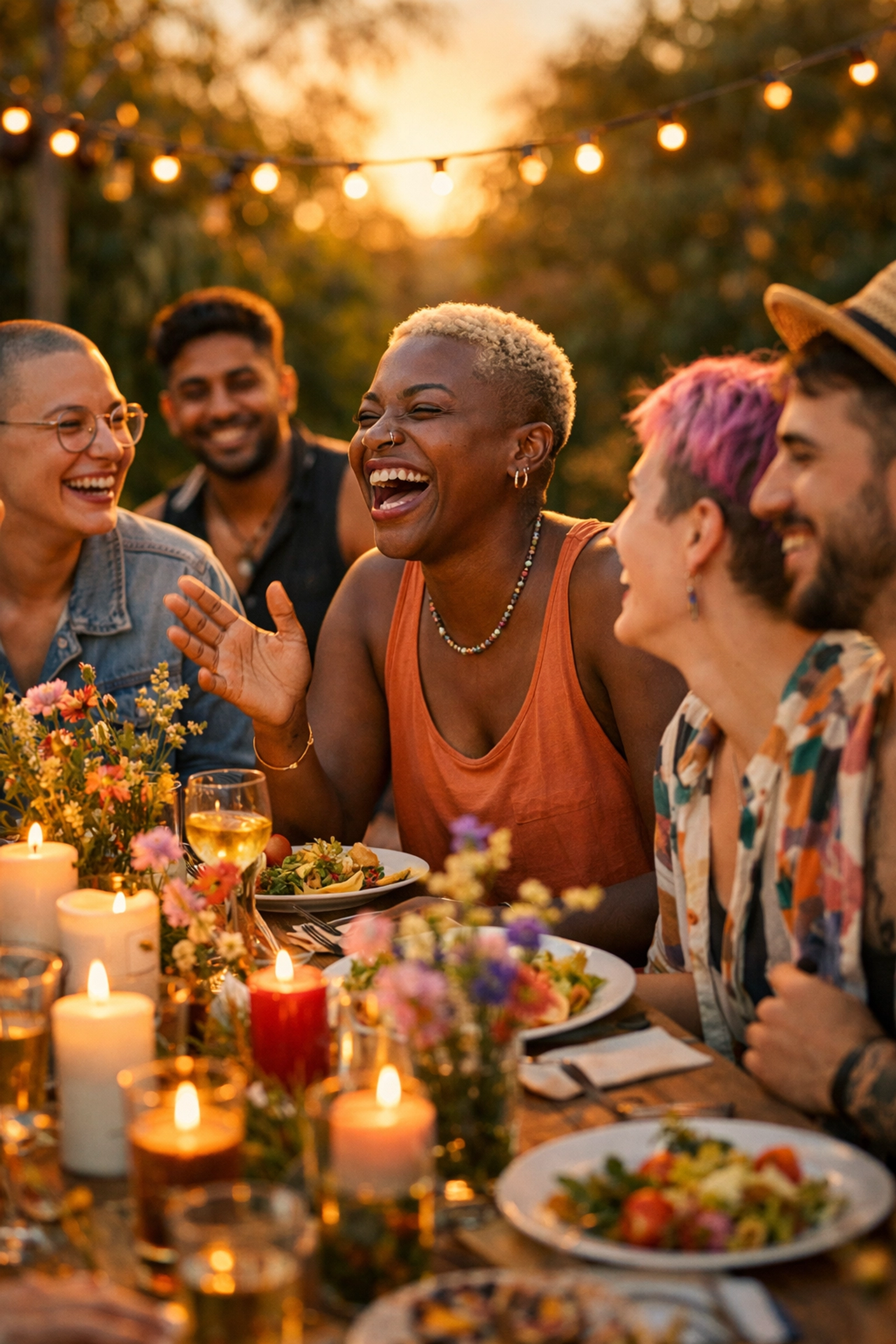 A diverse group of queer friends sharing a meal and joy, illustrating the power of intentional community.