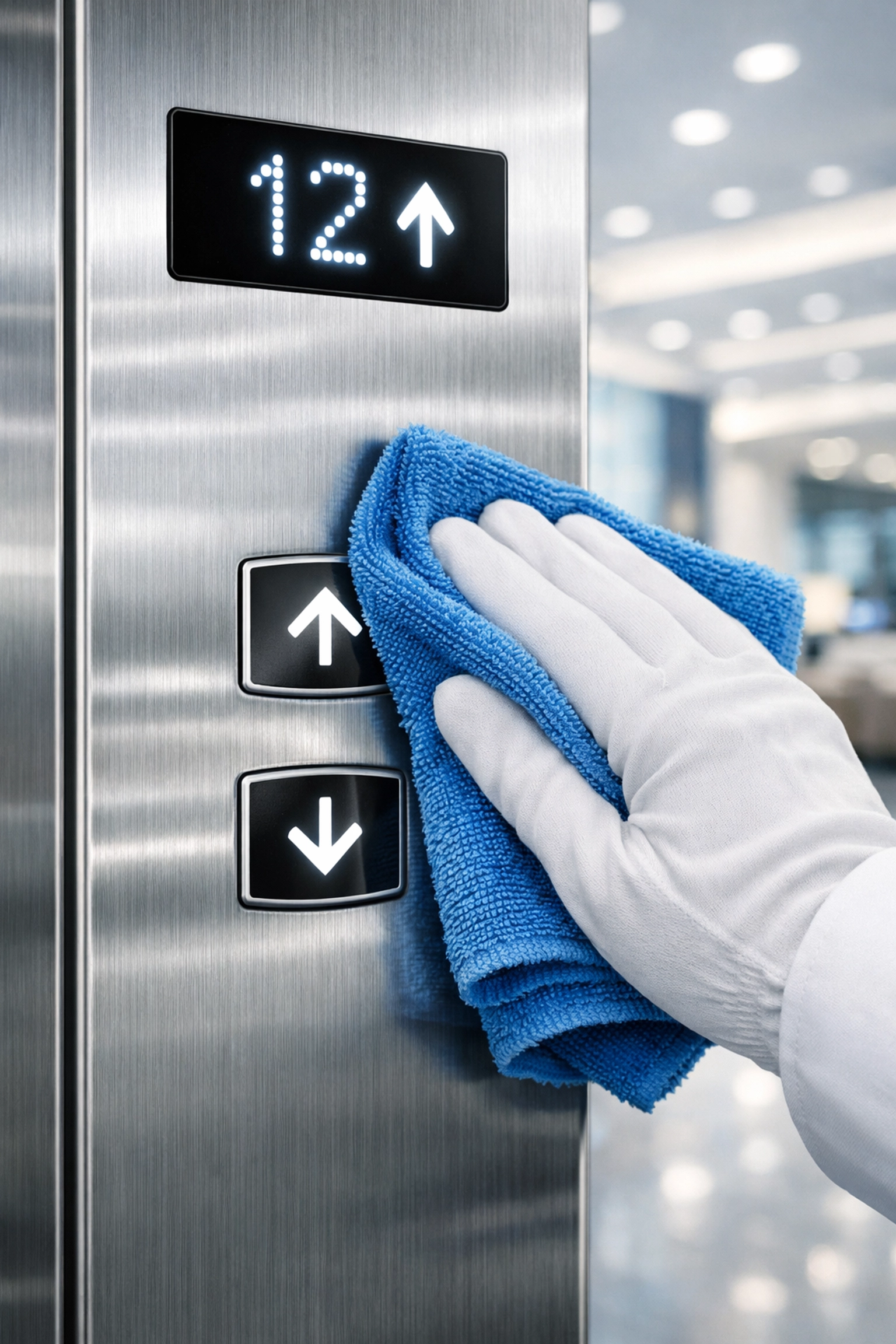 Close-up of a gloved hand sanitizing office surfaces, part of a thorough commercial cleaning service.