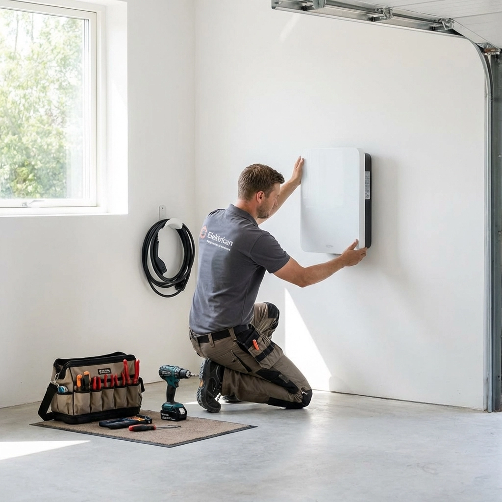 Electrician installing Level 2 EV charger in a modern Portland Maine garage, safe professional service.