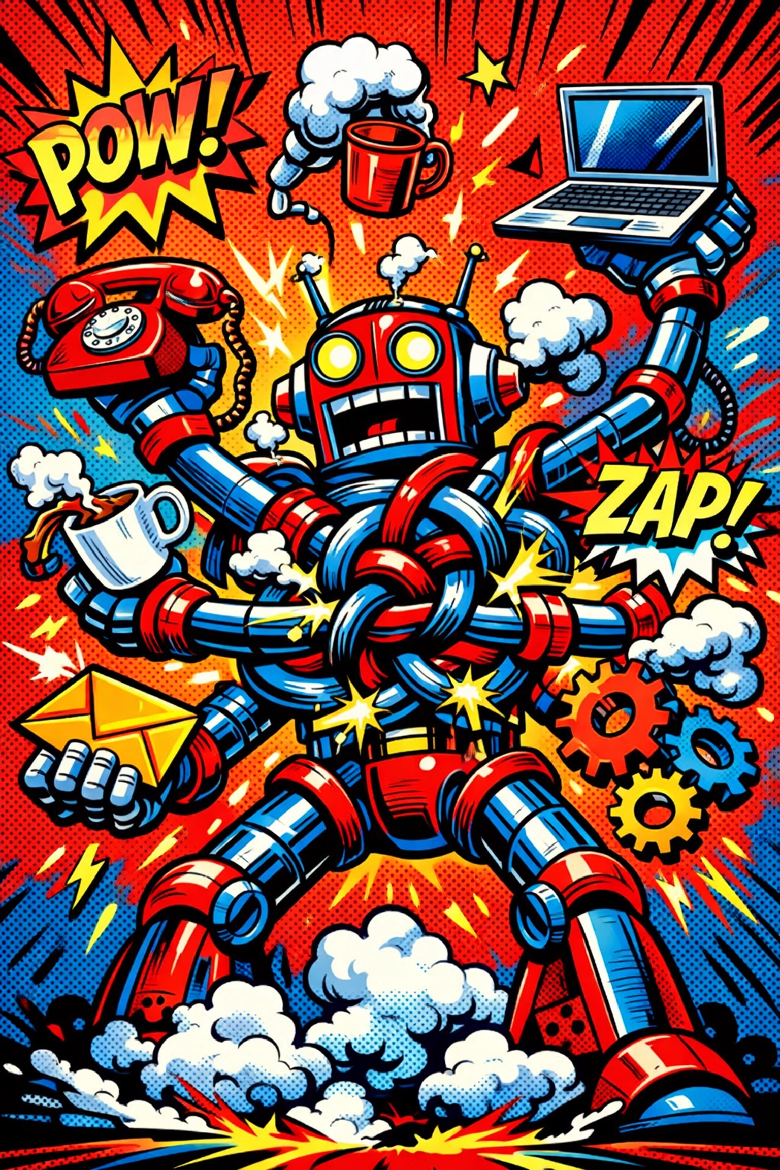 A tangled robot juggling office tasks, showing the danger of over-automating business systems.