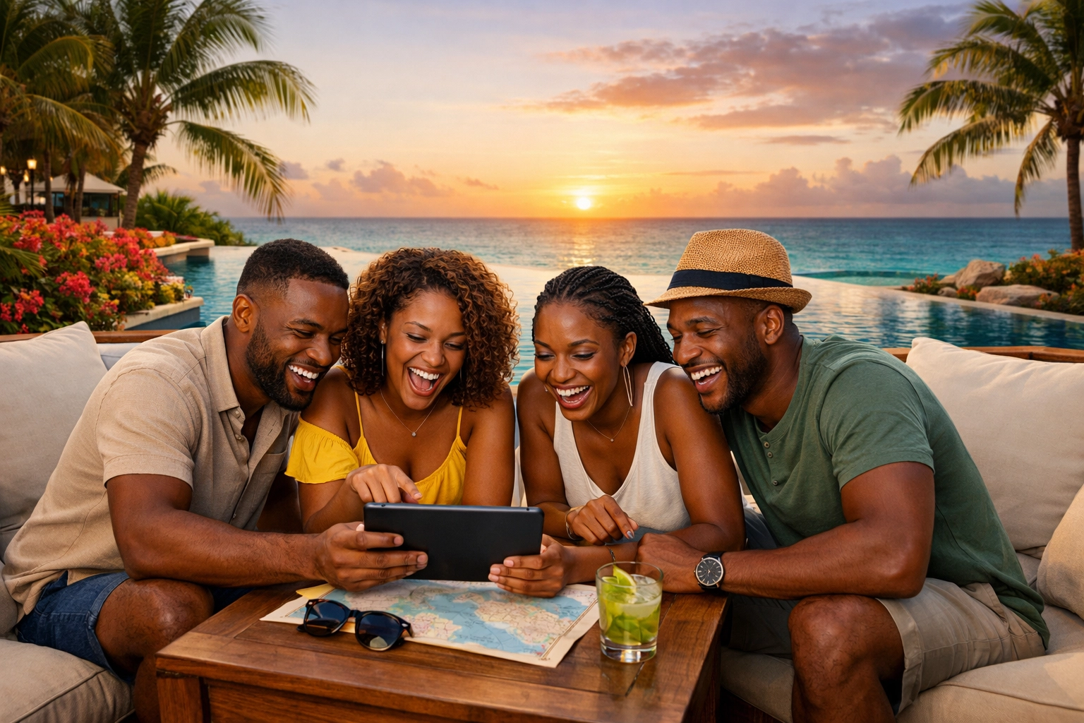 Black friends using a tablet to plan a group trip itinerary at a luxury resort with an ocean view.