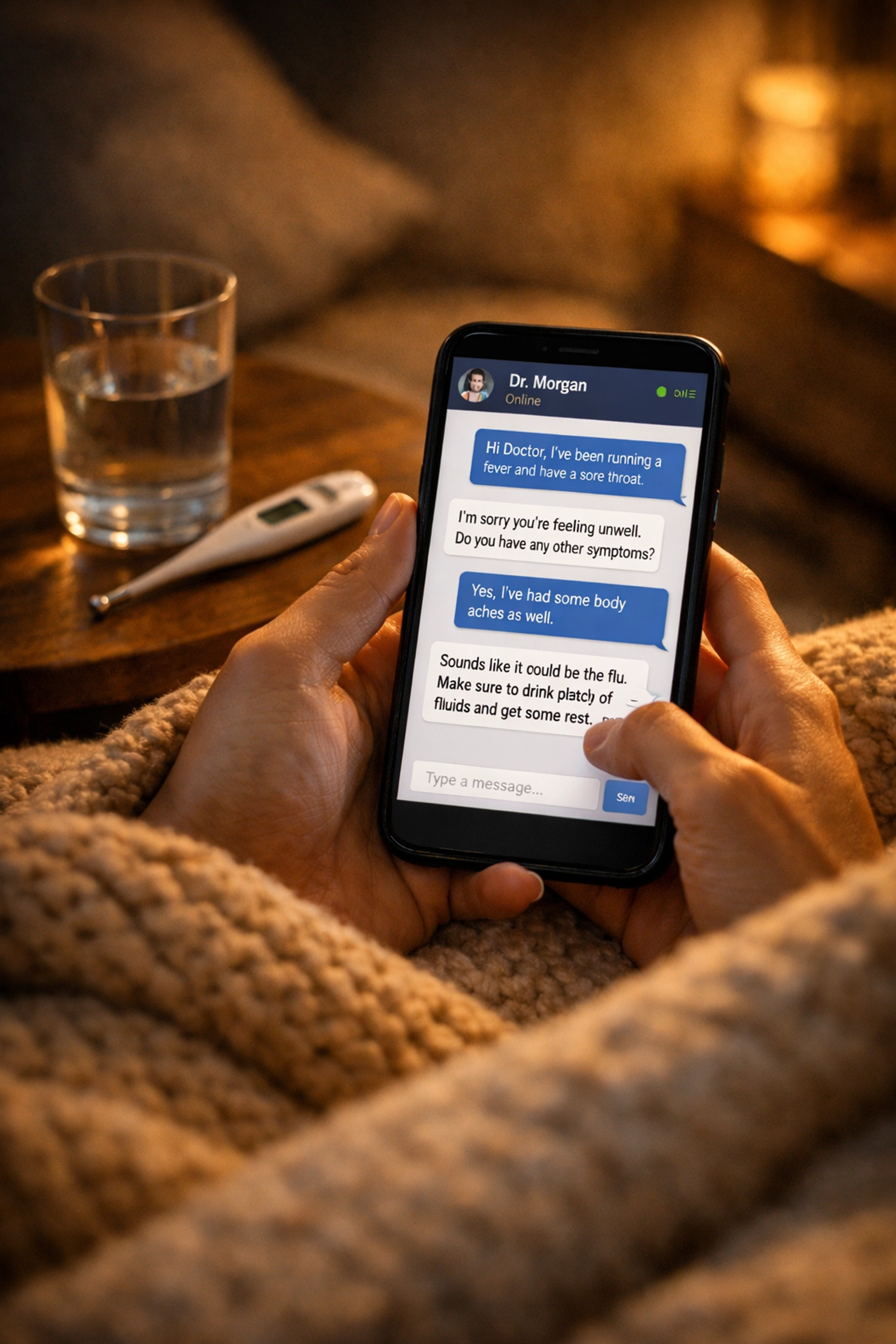 A person using secure medical messaging to chat with a doctor 24/7 from home for quick healthcare advice.