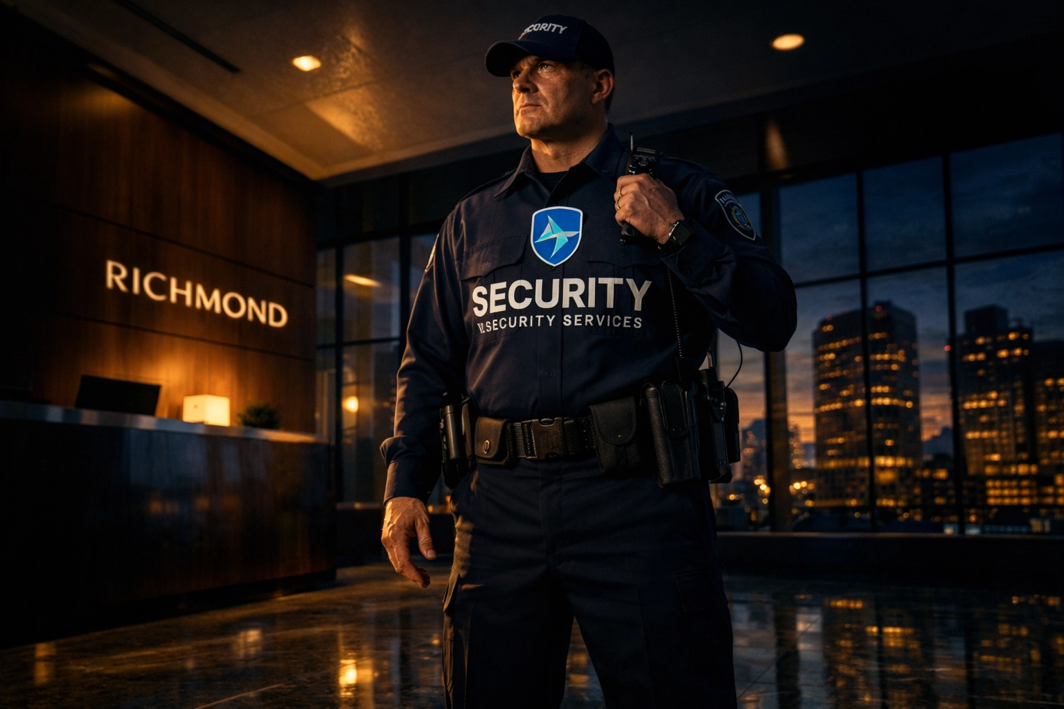 Professional unarmed security guard on duty in Richmond corporate office lobby
