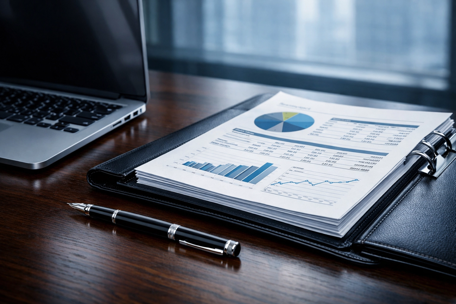 Organized financial reports and a laptop for an Alabama landscaping business valuation and sale preparation.