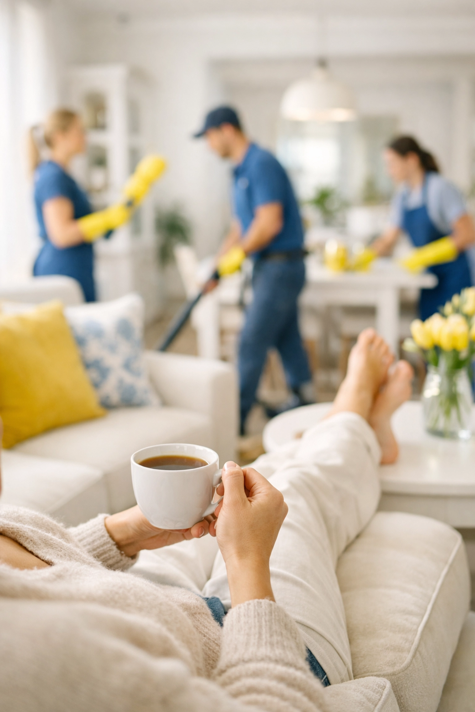 A relaxed Springfield homeowner enjoying coffee while professional cleaners MA provide expert deep cleaning services.