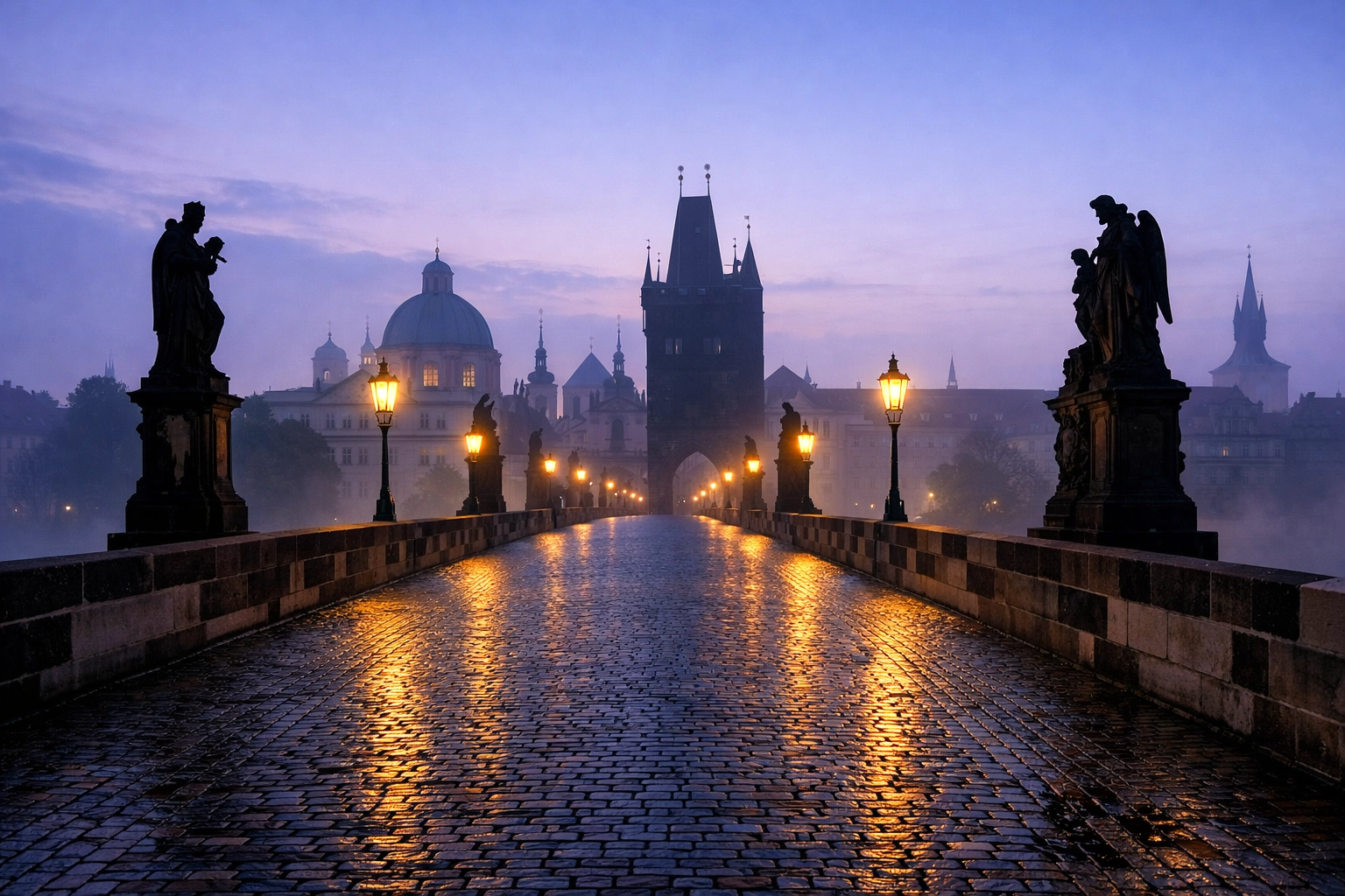 Misty morning at Charles Bridge in Prague, a stunning location for sunrise travel photography.