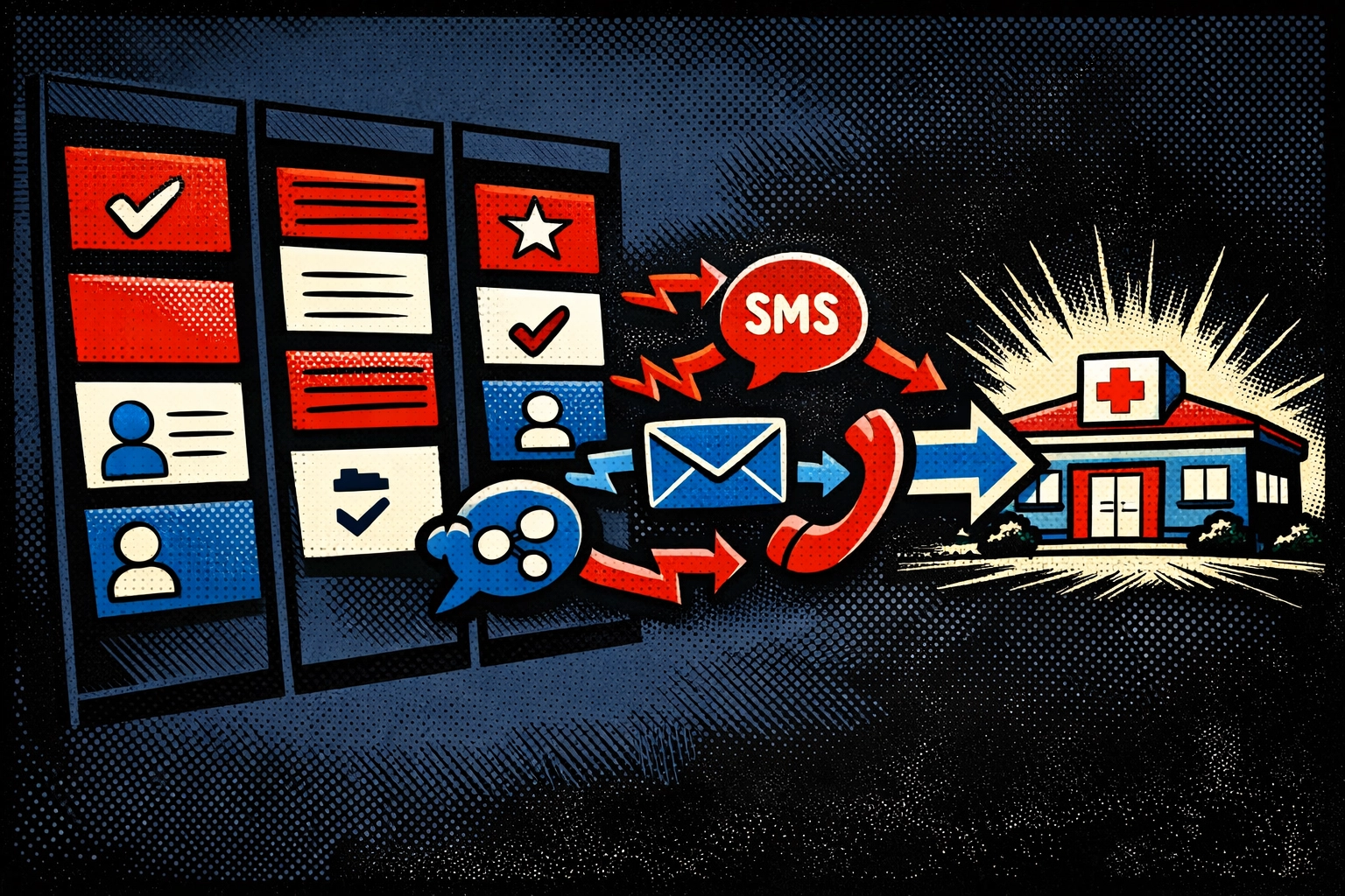 Retro comic-style automation engine connecting CRM, messaging icons, and a clinic calendar.