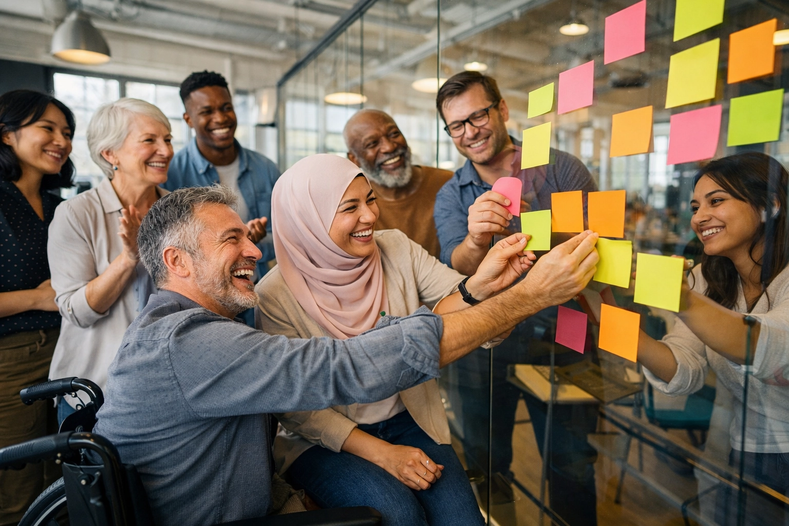 Collaborative, diverse team embodying transformation and alignment in a modern workplace setting.