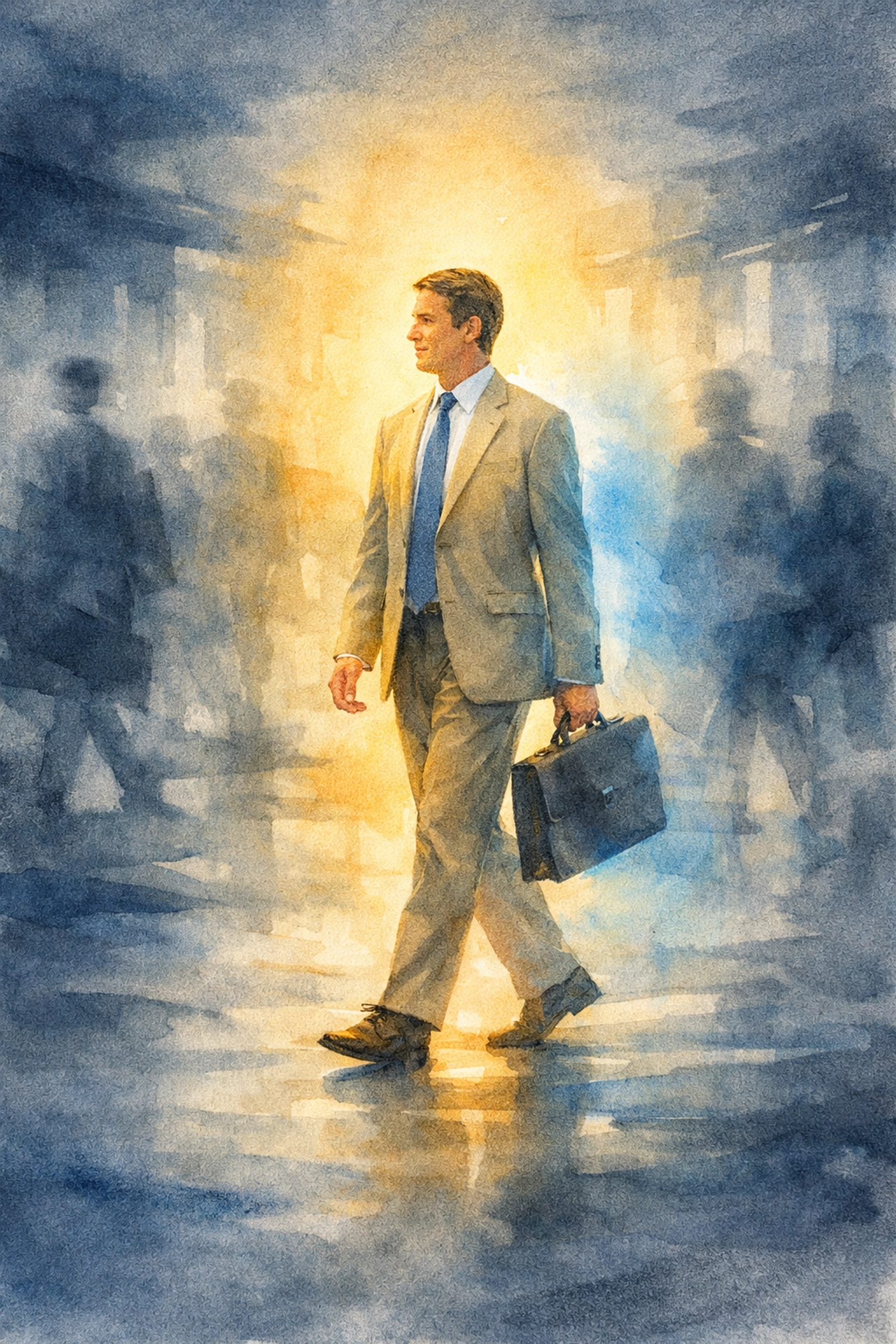 Professional walking with spiritual peace in a busy office by Dr. Layne McDonald - www.laynemcdonald.com