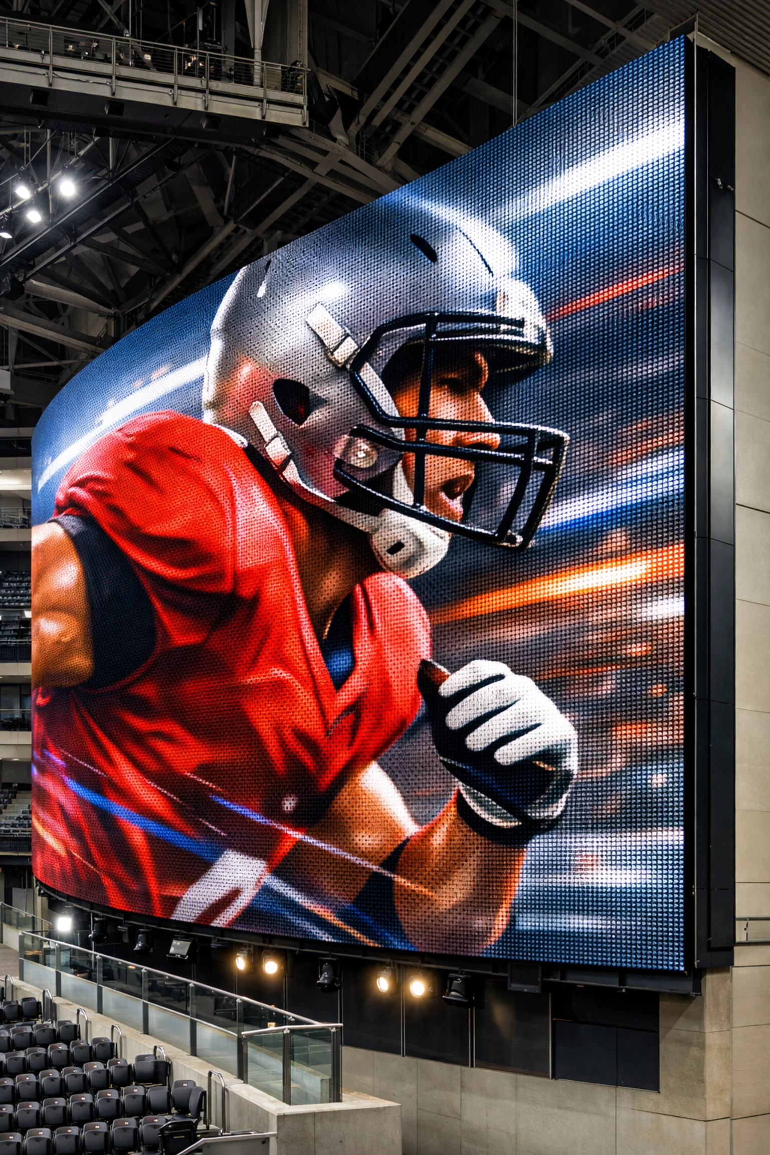 Massive curved LED screen in a sports arena displaying high-definition digital out of home advertising.