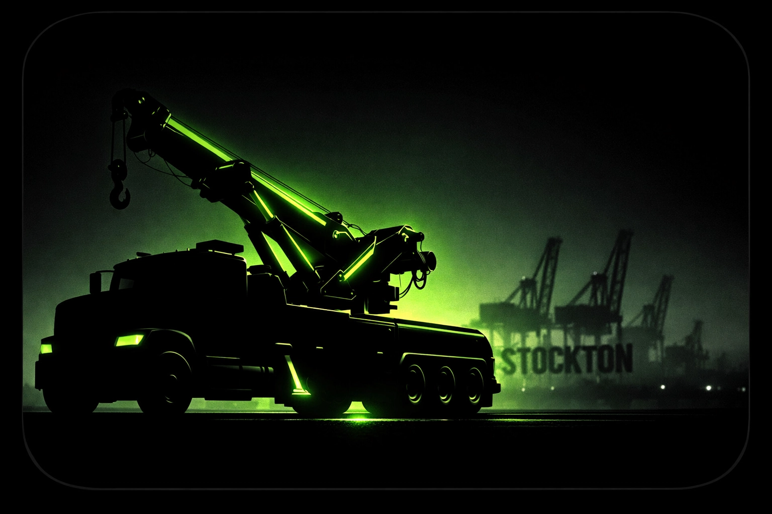 Rotator tow truck silhouette near Port of Stockton for heavy-duty recovery territory leasing.