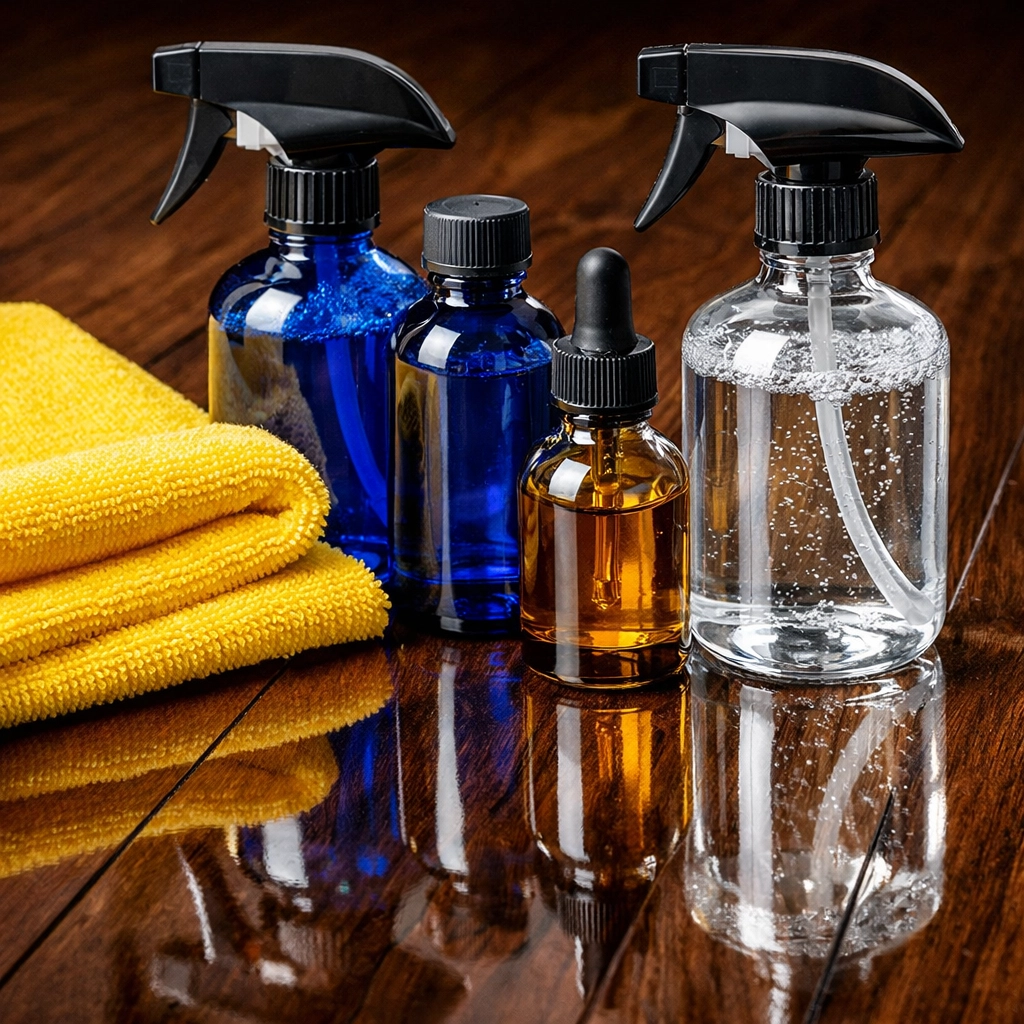 Eco-friendly move-out cleaning services supplies on a sparkling dark wood floor in Massachusetts.