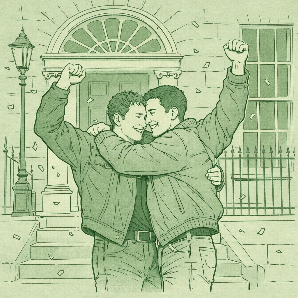 Two men celebrating LGBTQ rights victory and decriminalization outside Dublin building in 1990s