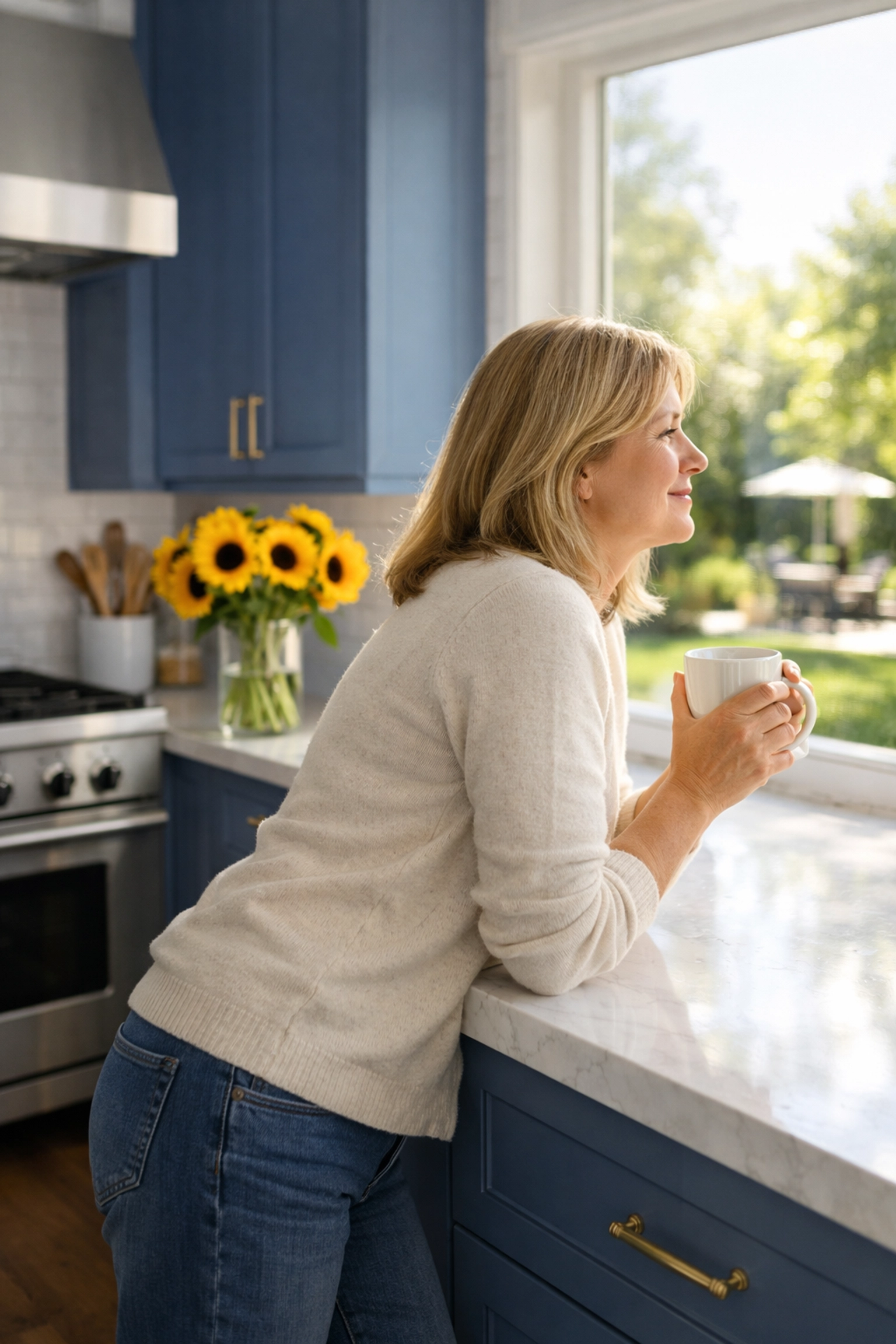 A relaxed homeowner enjoying a spotless designer kitchen after a luxury cleaning in Westwood.