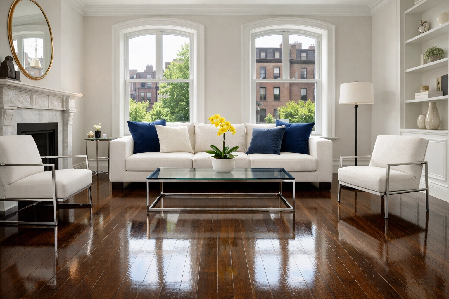 Living room in a Boston brownstone after a deep clean by professional apartment cleaners in Boston, showing polished floors.
