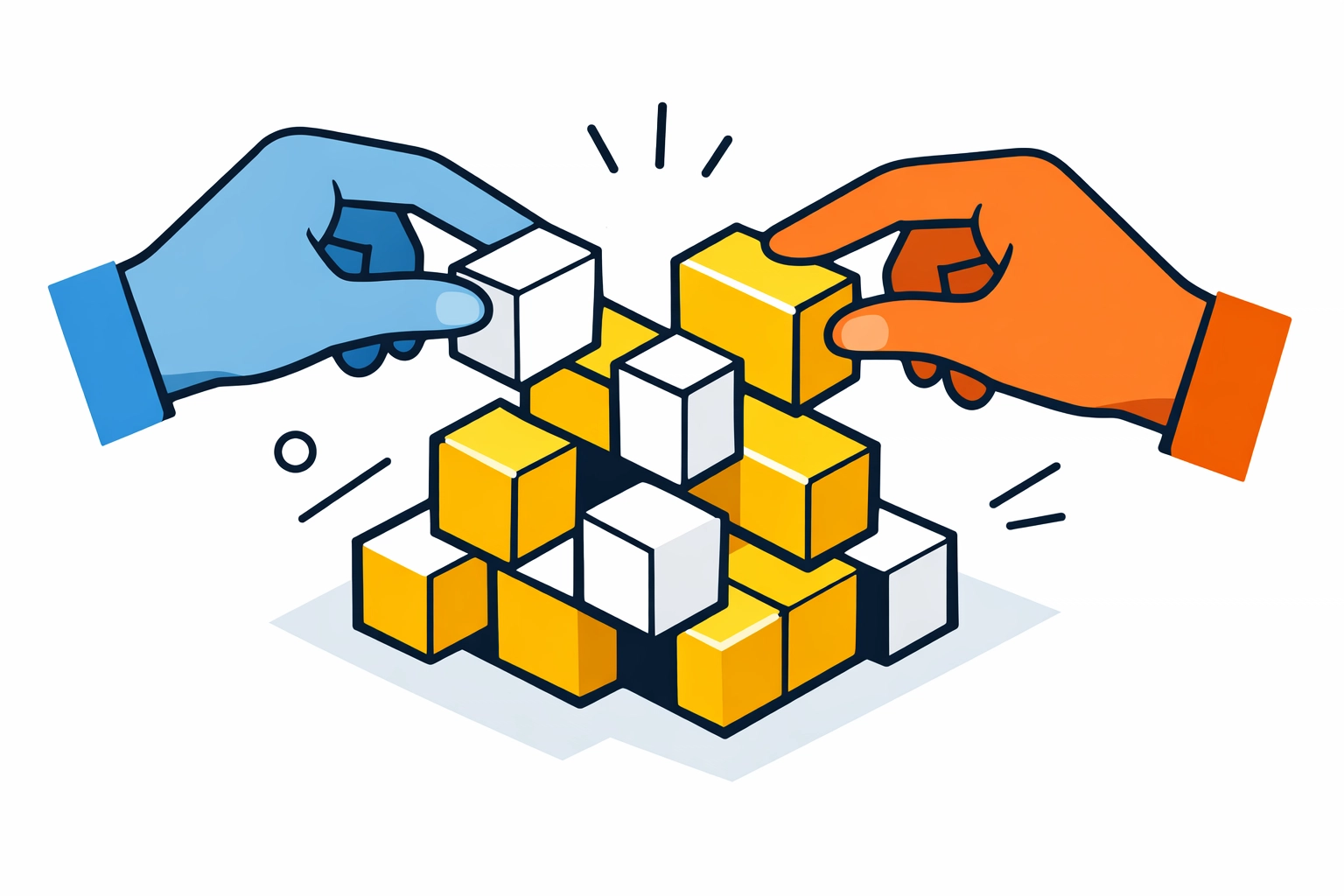 Collaborating hands building a geometric structure representing a professional instructional design partnership.