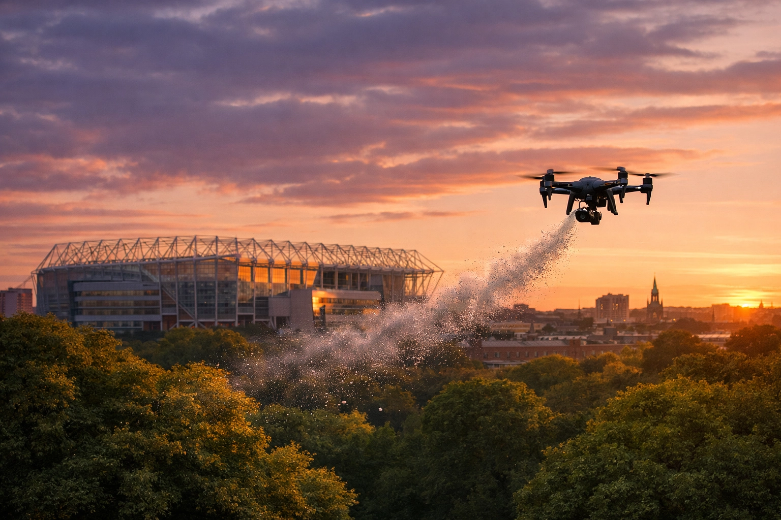 Drone ash scattering ceremony over Leazes Park with Newcastle's St James' Park stadium in the background at sunset.